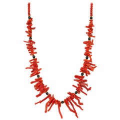 18-Inch Natural Mediterranean Red Coral Branch & Onyx Bead Necklace w/ 22k Gold