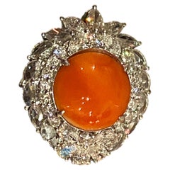 Natural Mediterranean Angel's Skin Soft Salmon 11mm Coral, Diamond 18K Gold Ring