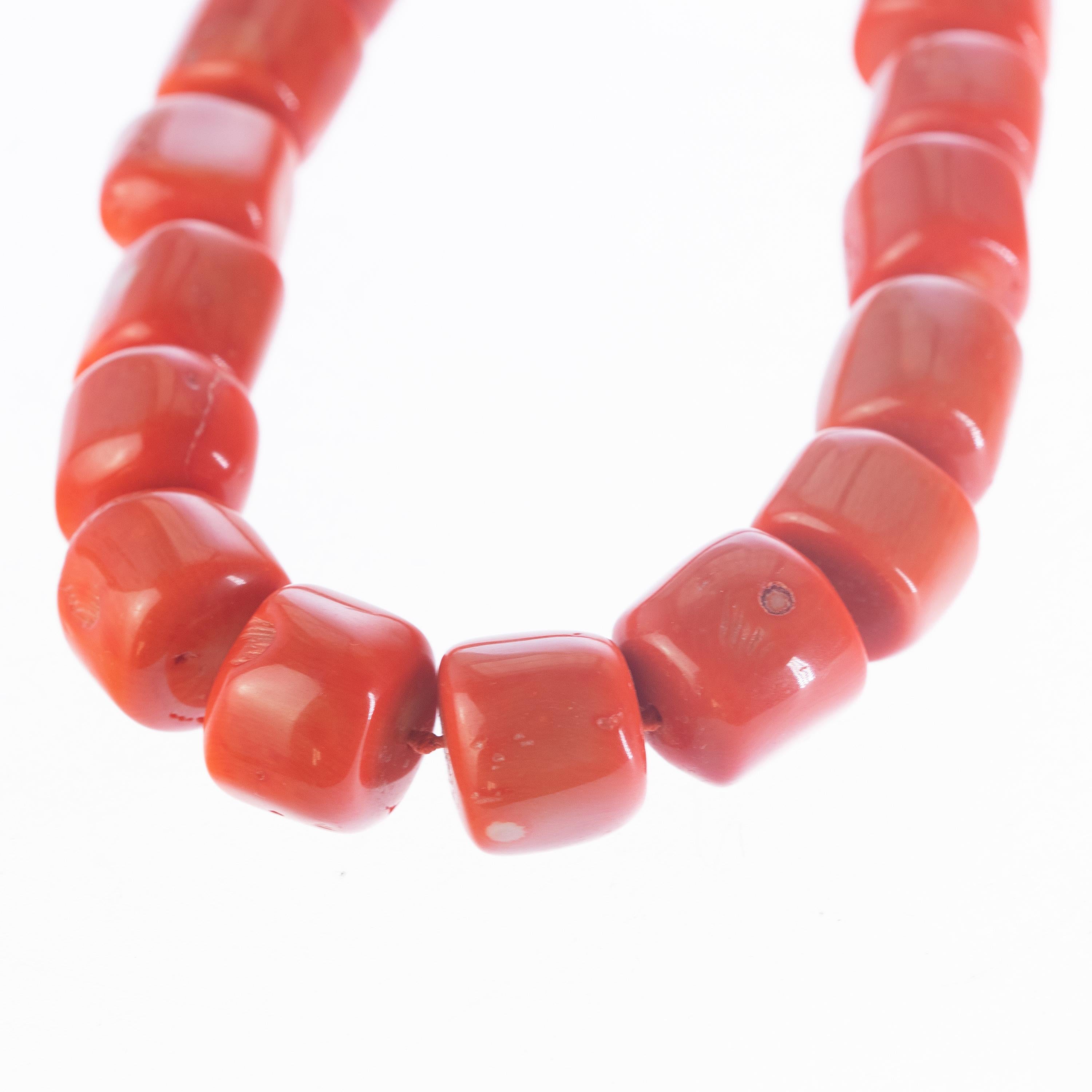 Arts and Crafts Red Bamboo Coral Silver Long Beaded Boho Modern Cocktail Necklace