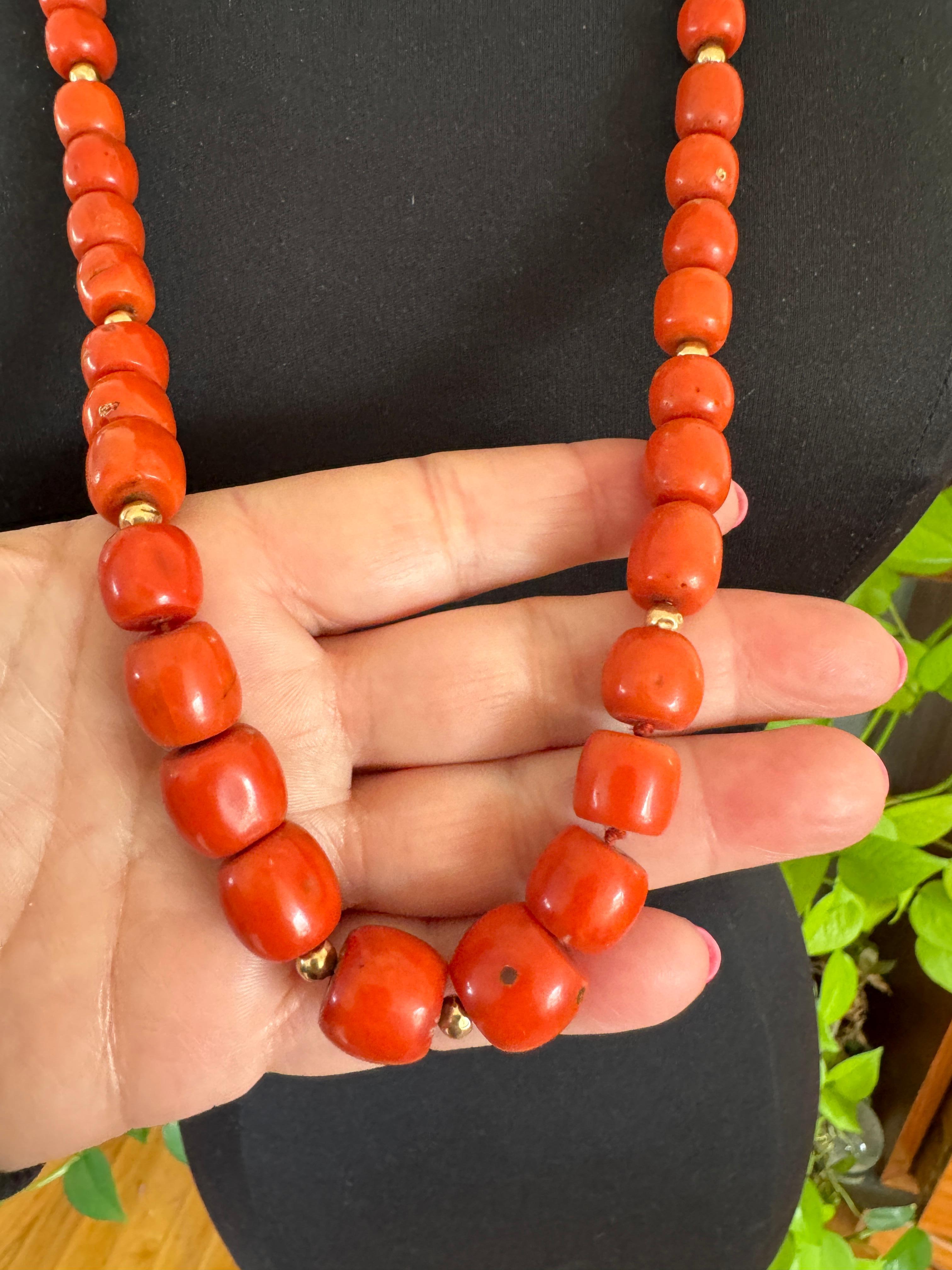 Women's or Men's Natural Mediterranean GIA Red Coral Gold 14 Karat Beaded Necklace For Sale