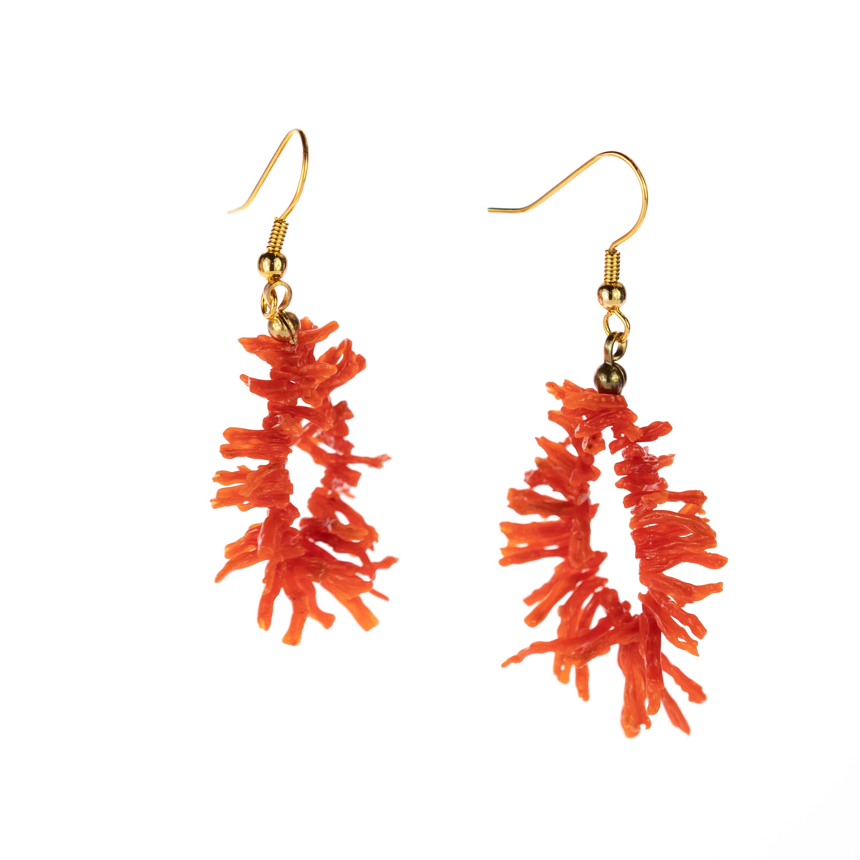 Artisan Natural Mediterranean Red Coral Branches Hypoallergenic Metal Handmade Earrings For Sale