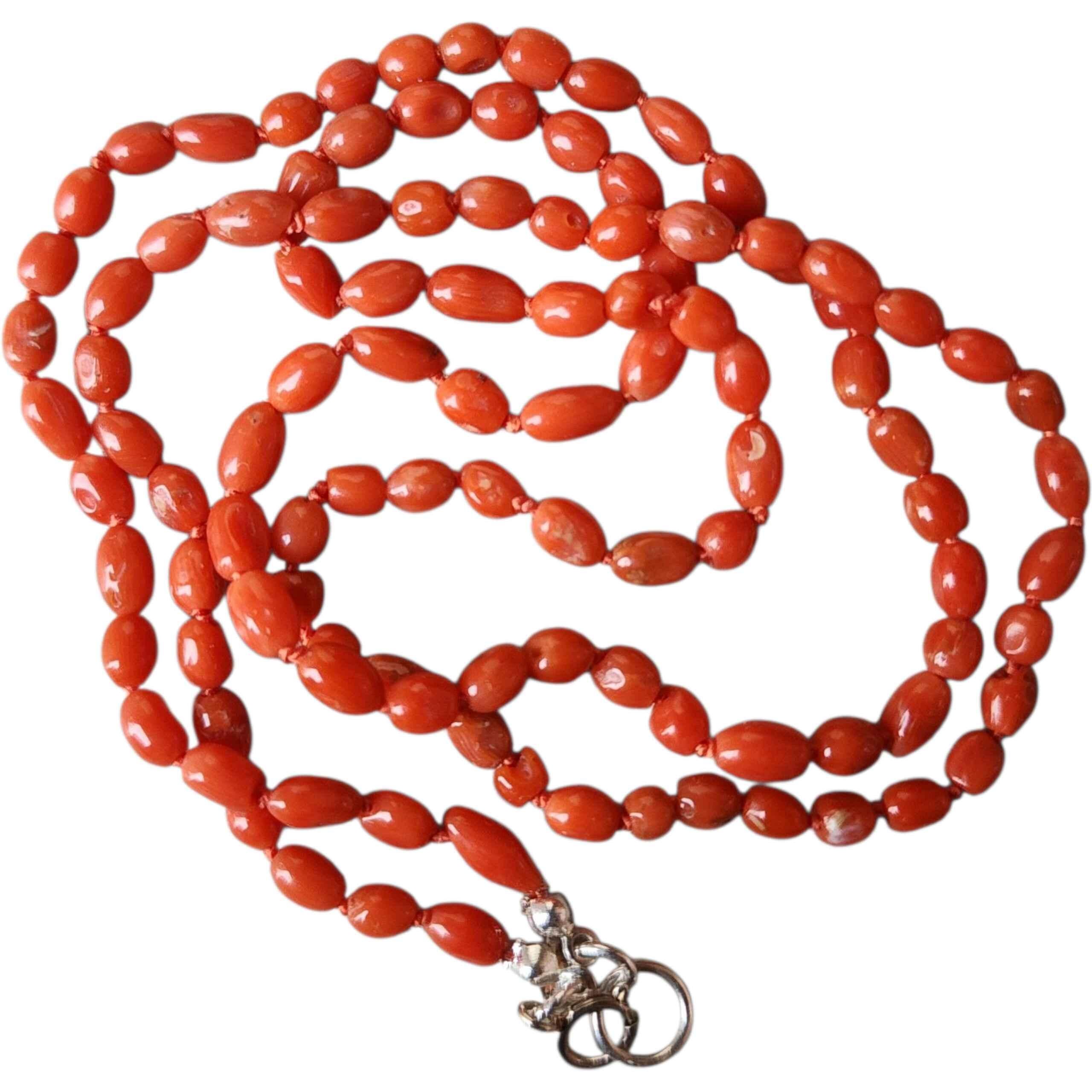 Perle Collier de perles de riz en corail rouge de la Méditerranée naturelle, fermoir en argent 21