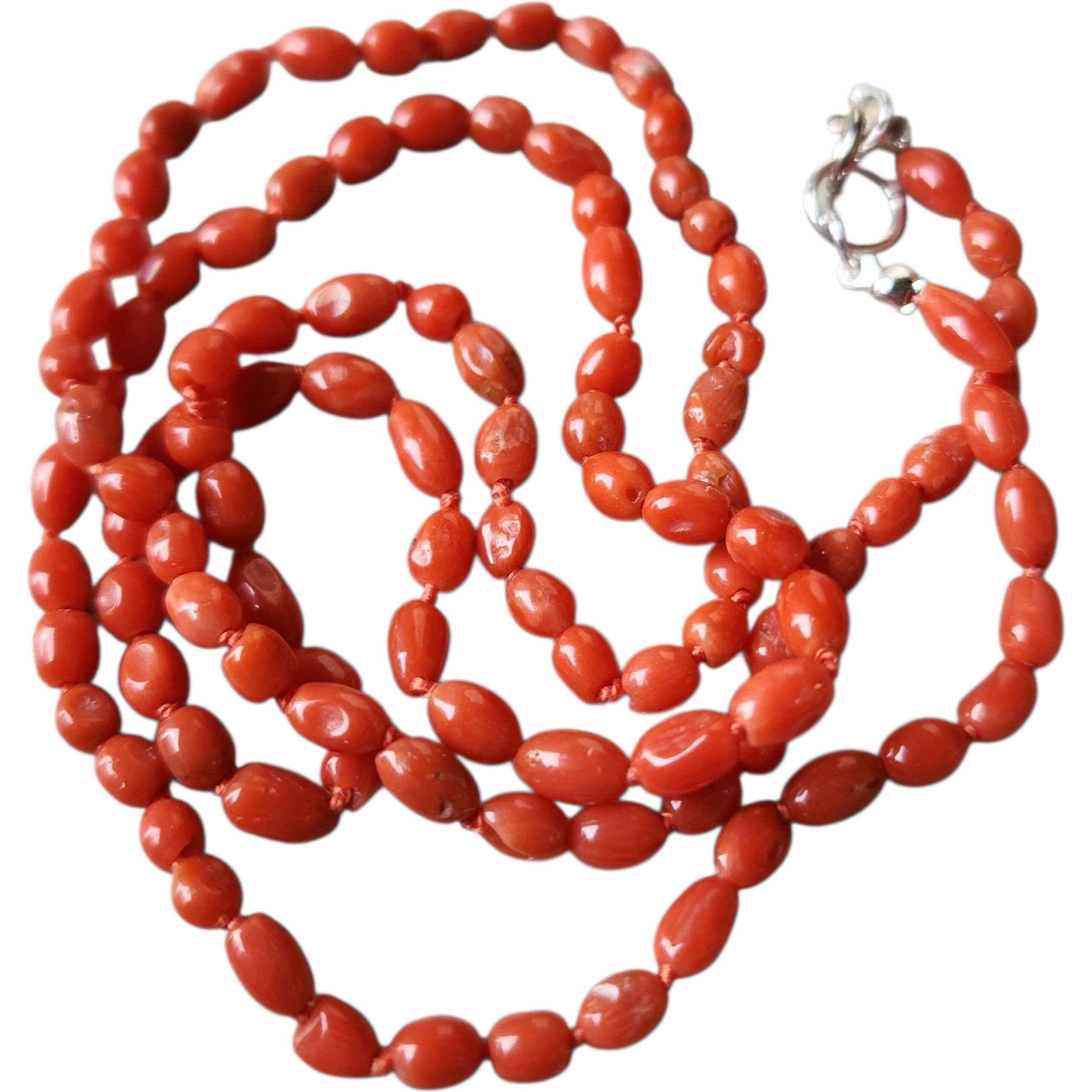 Collier de perles de riz en corail rouge de la Méditerranée naturelle, fermoir en argent 21