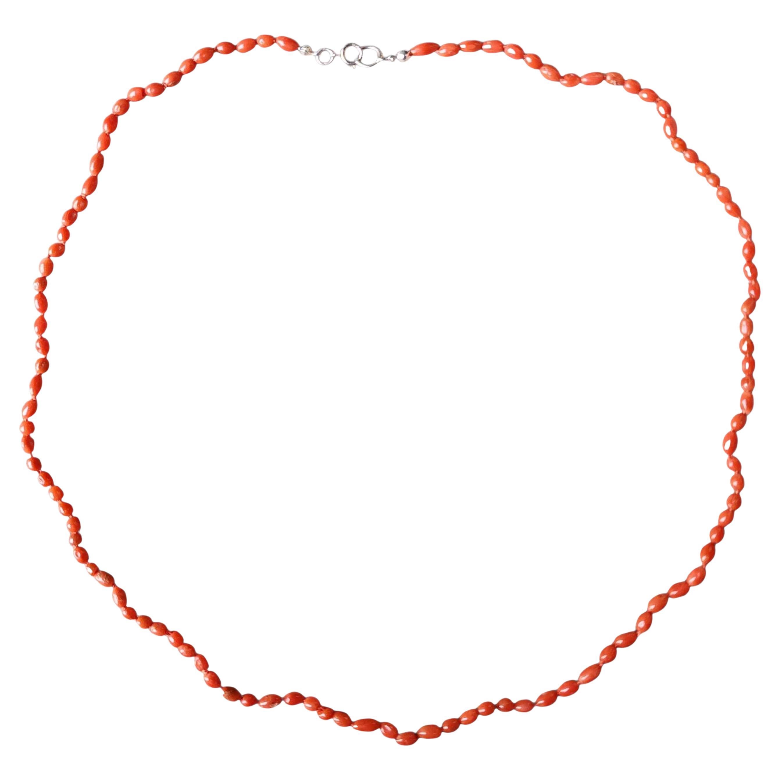 Natural Mediterranean Red Coral Rice-Bead Necklace, Sterling Silver Clasp 21"
