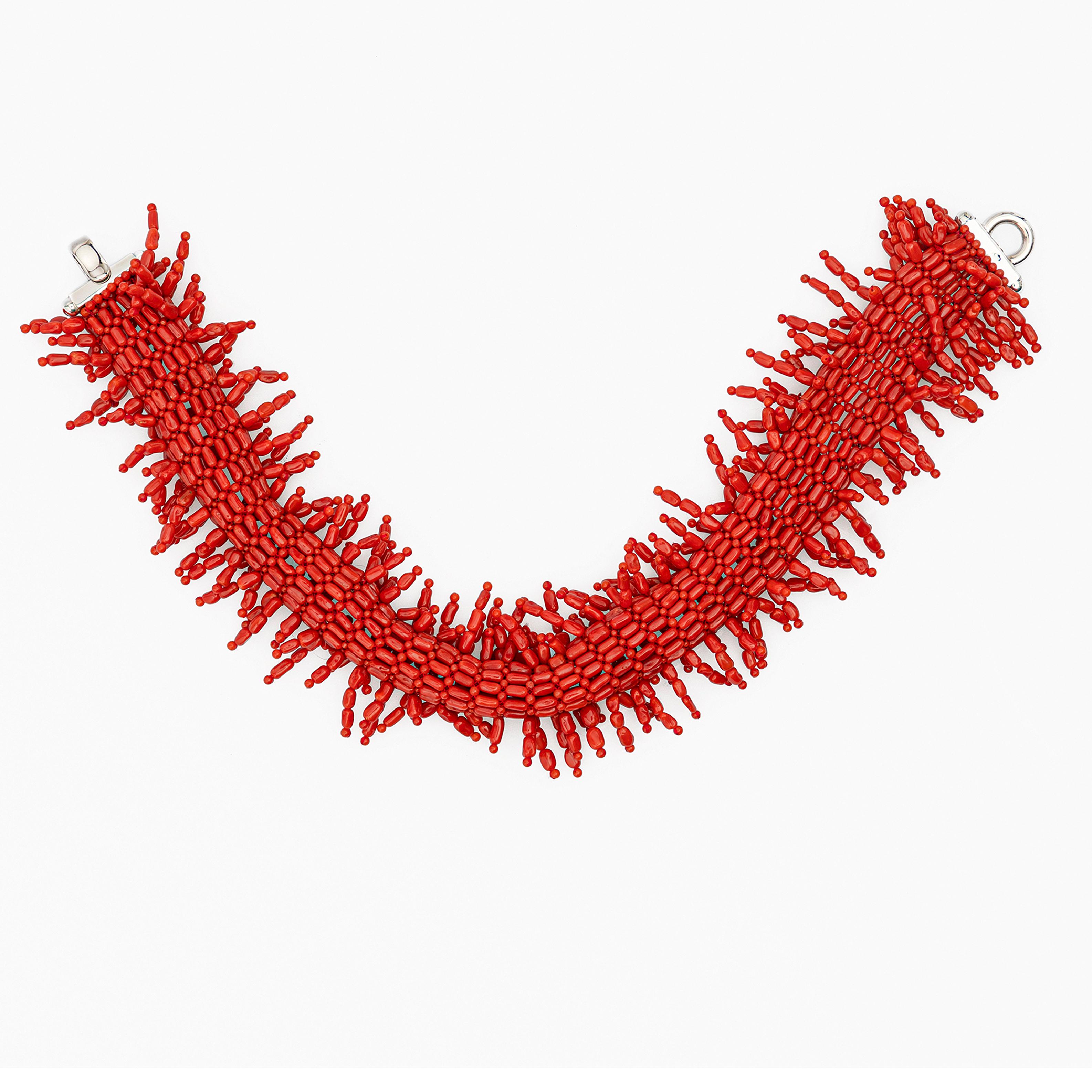 Modernist Natural Mediterranean Red Coral Branch 925 Silver Reaf Choker Handmade Necklace