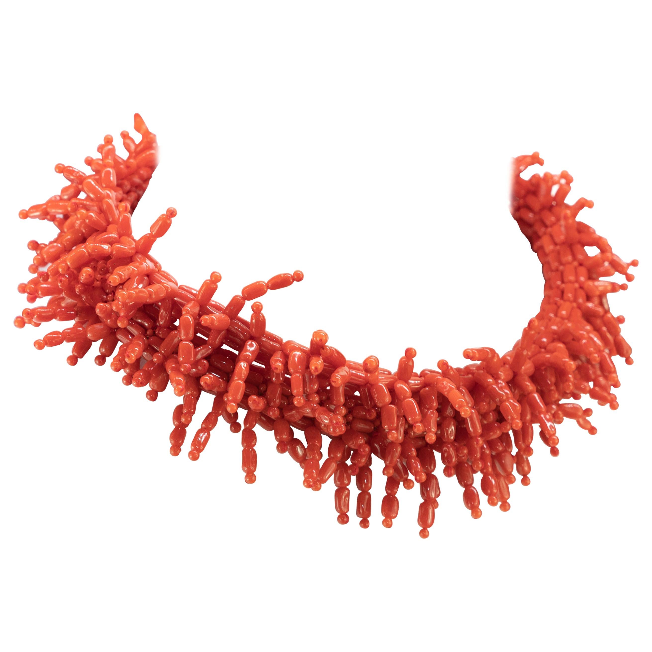 Natural Mediterranean Red Coral Branch 925 Silver Reaf Choker Handmade Necklace
