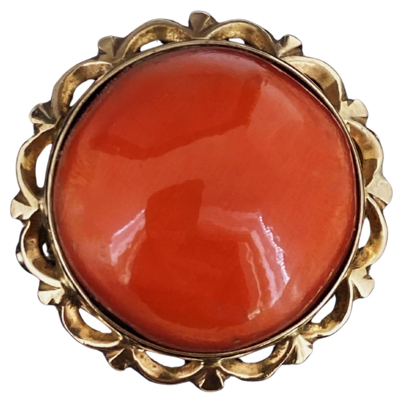Natural Mediterranean Salmon Red 16mm Coral Ring in 14K Rose Gold, Italy c1950's For Sale