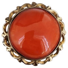 Natural Mediterranean Salmon Red 16mm Coral Ring in 14K Rose Gold, Italy c1950's