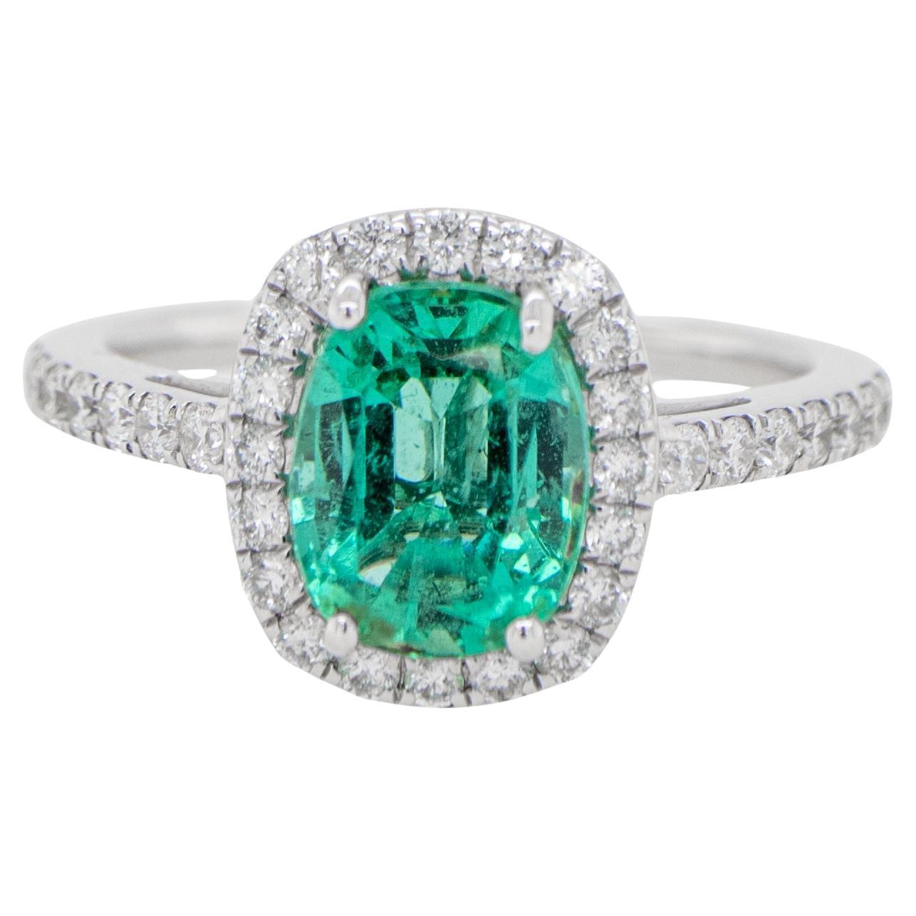 Natural Mint Emerald Ring With Diamond Halo Setting 2.26 Carats 18K Gold