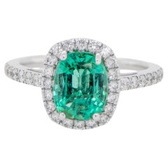 Natural Mint Emerald Ring With Diamond Halo Setting 2.26 Carats 18K Gold