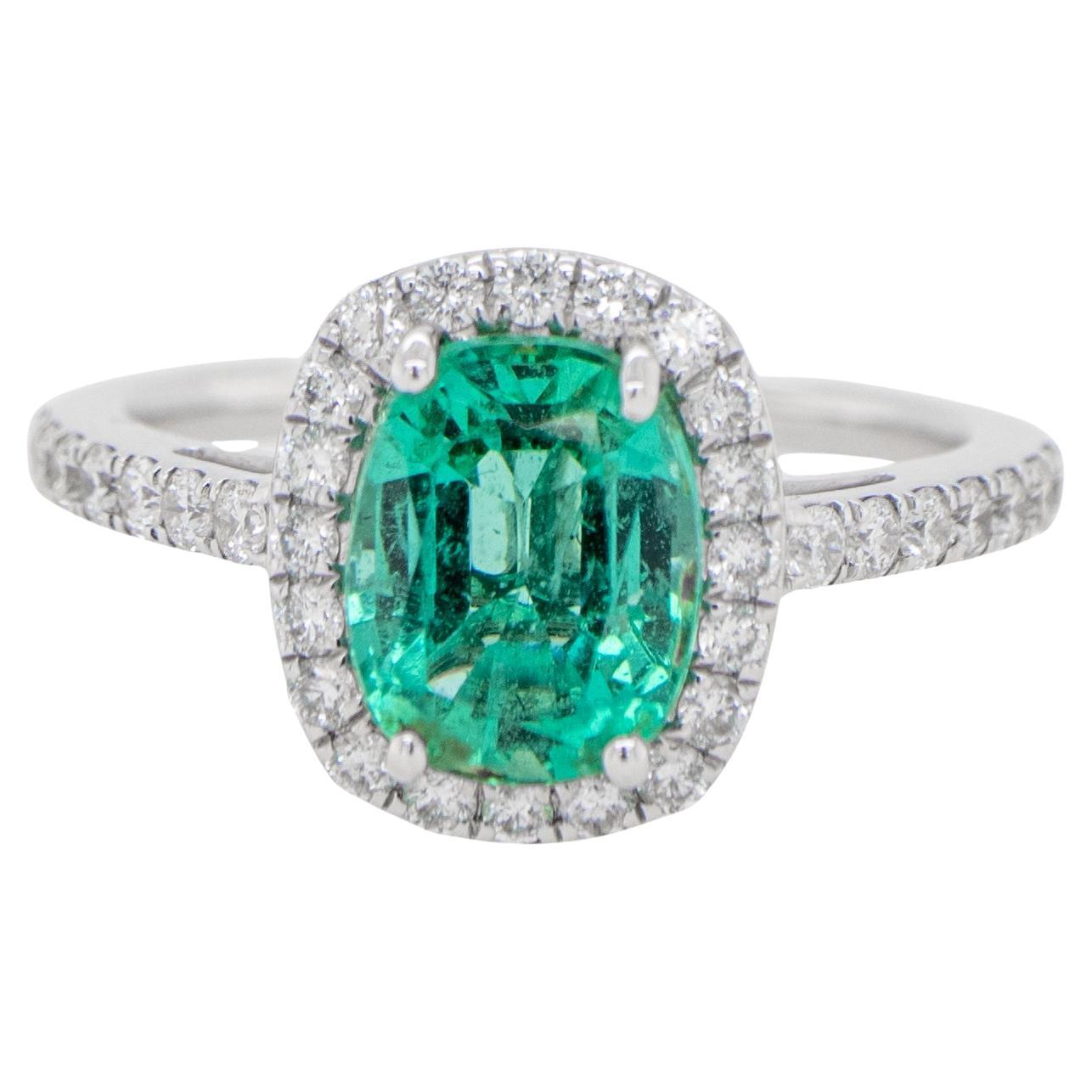 Natural Mint Emerald Ring With Diamond Halo Setting 2.26 Carats 18K Gold For Sale