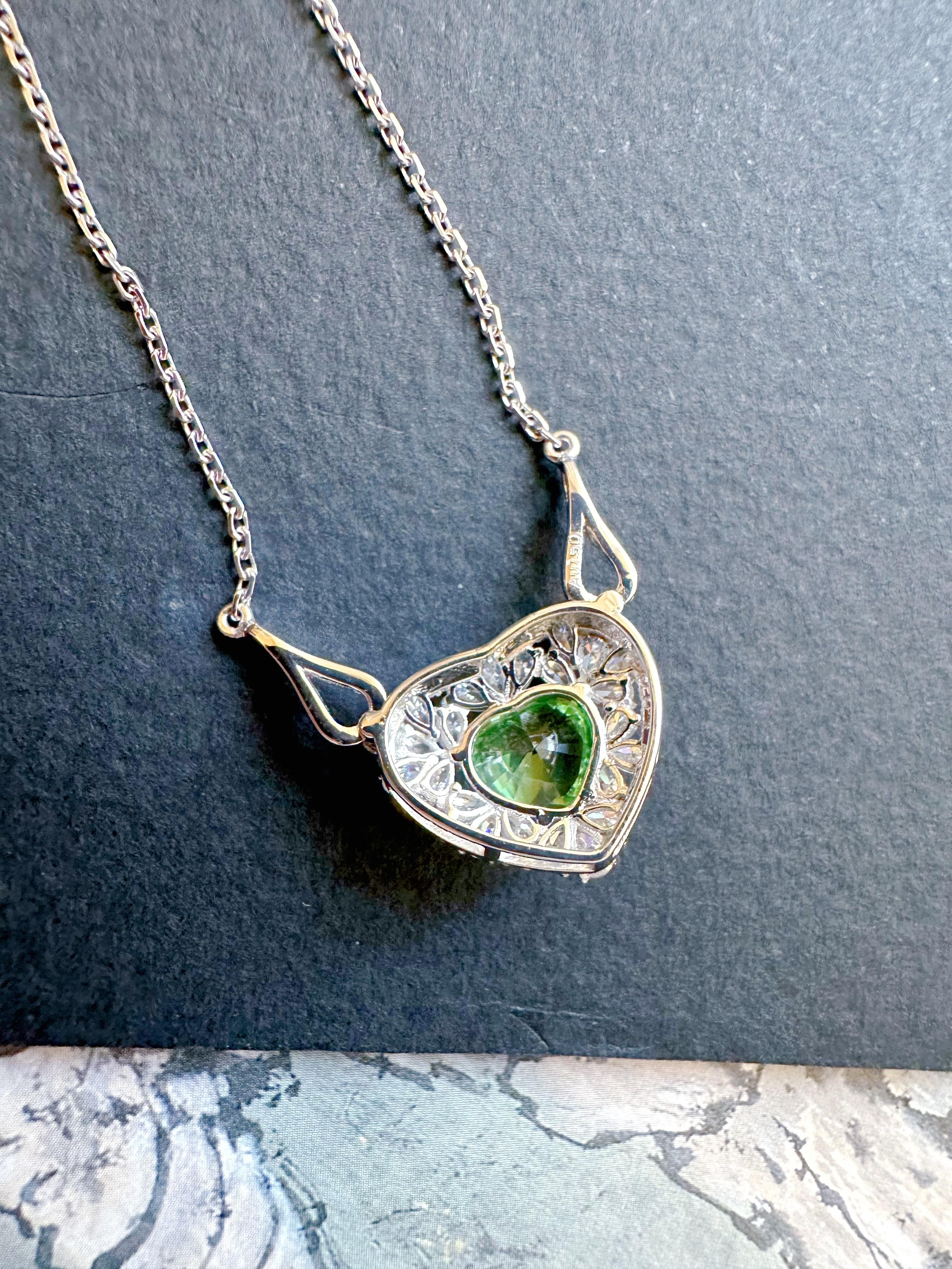 Natural Mint Green Tsavorite Necklace set in 18K White Gold with Moissanites For Sale 6