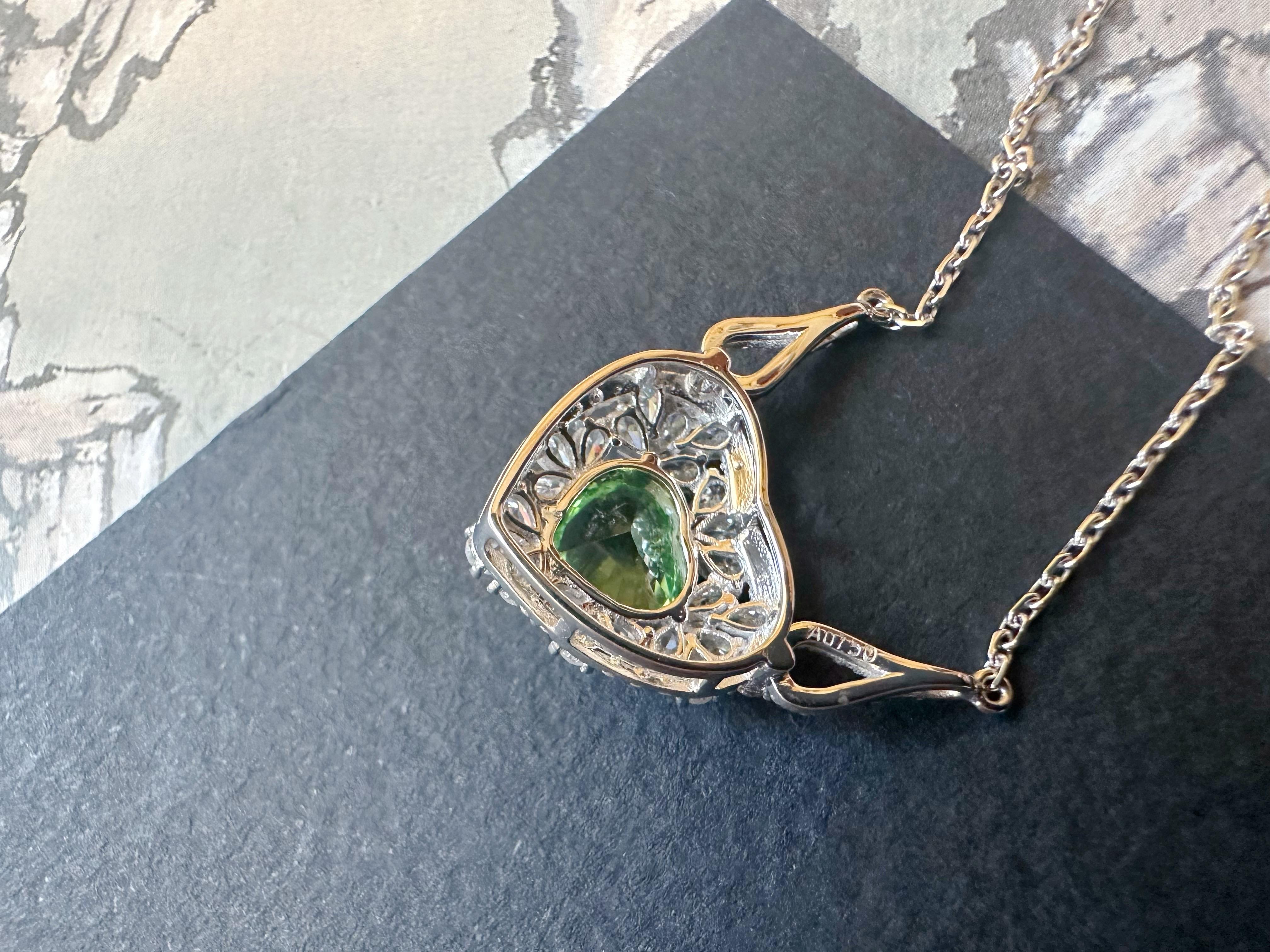 Natural Mint Green Tsavorite Necklace set in 18K White Gold with Moissanites For Sale 7