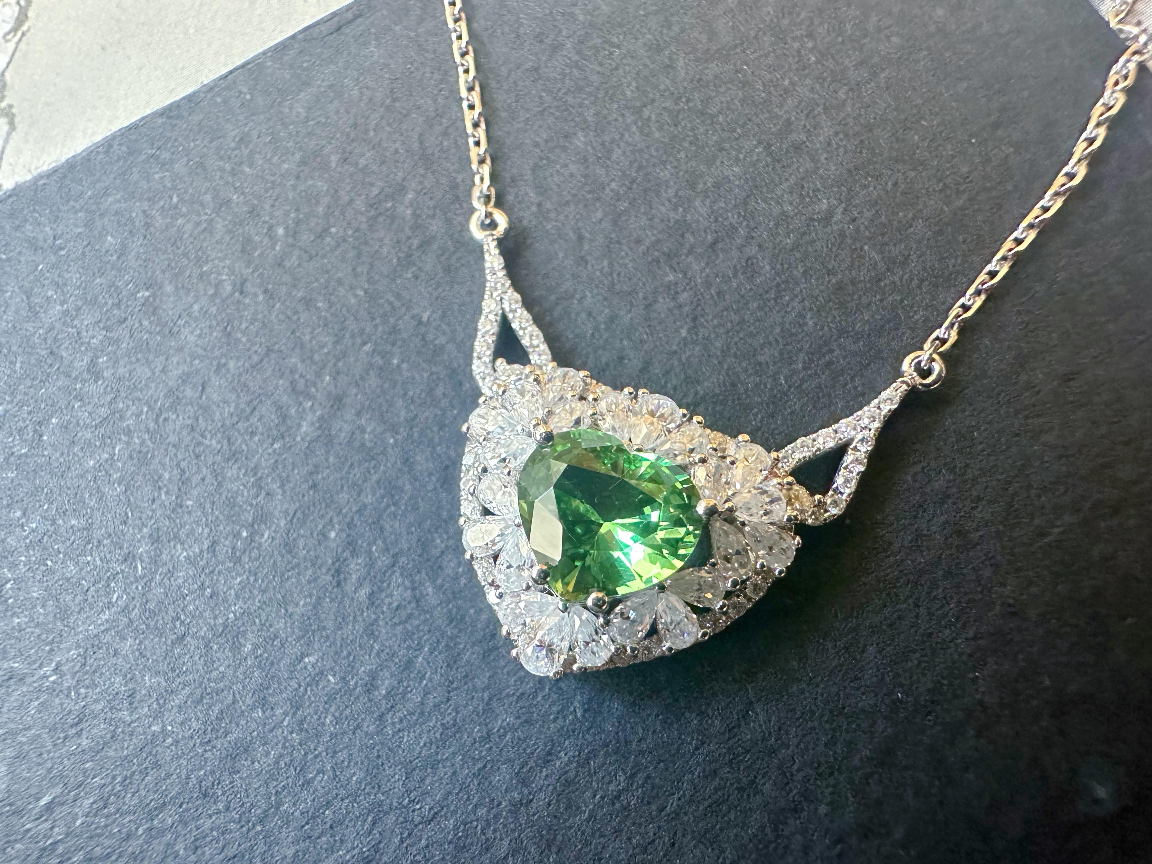 Natural Mint Green Tsavorite Necklace set in 18K White Gold with Moissanites For Sale 8