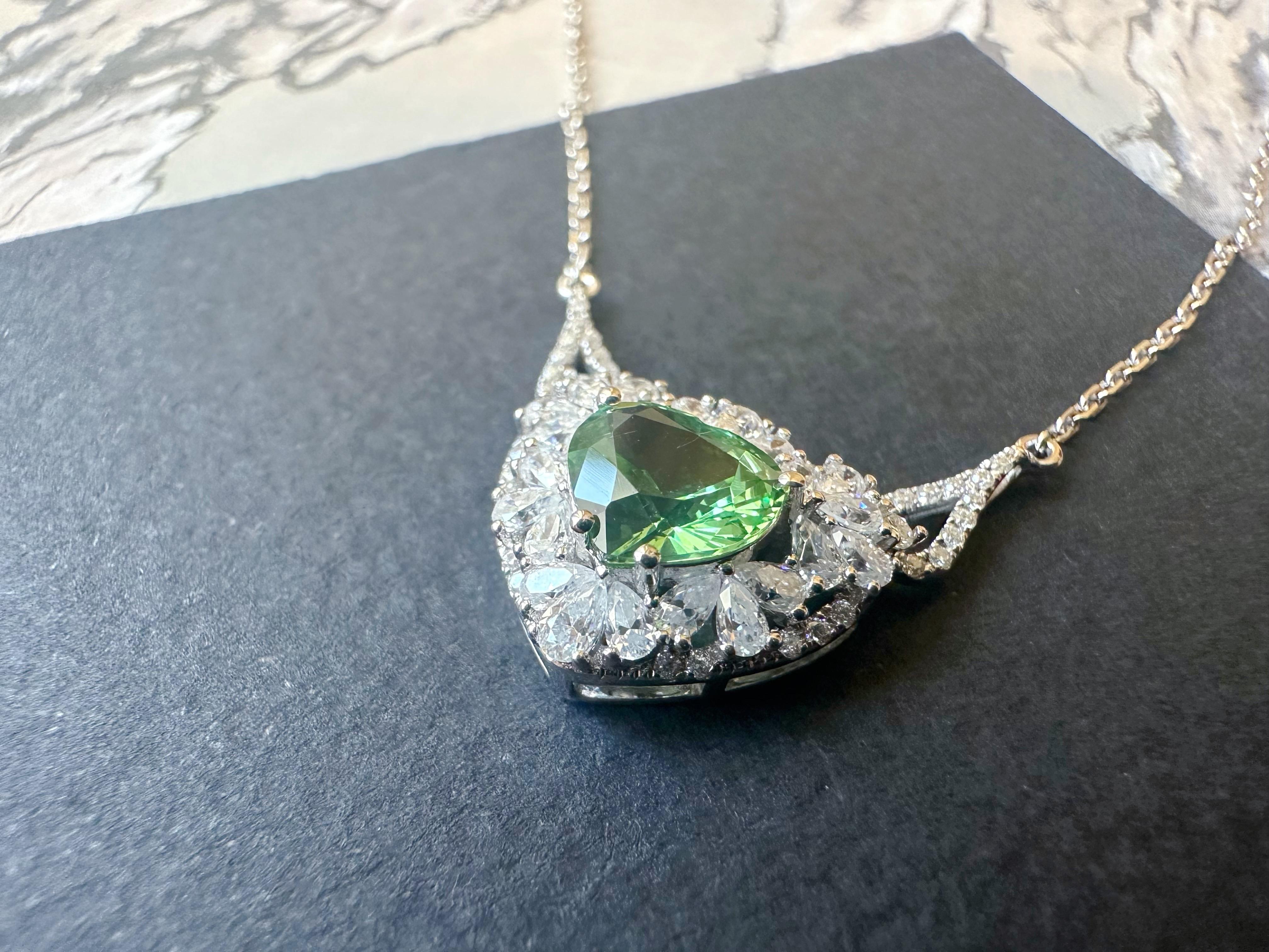 Natural Mint Green Tsavorite Necklace set in 18K White Gold with Moissanites For Sale 9