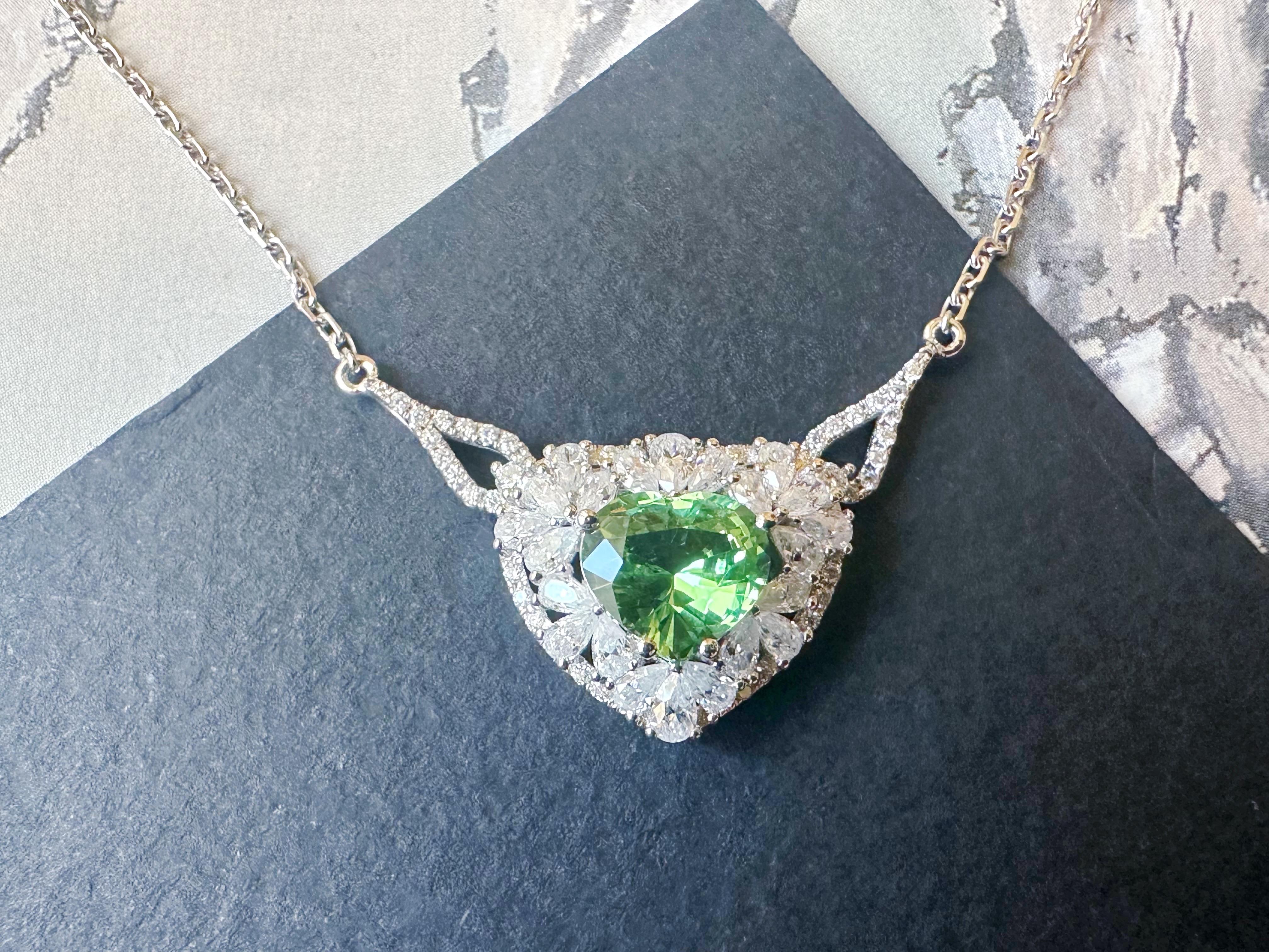 Natural Mint Green Tsavorite Necklace set in 18K White Gold with Moissanites For Sale 10