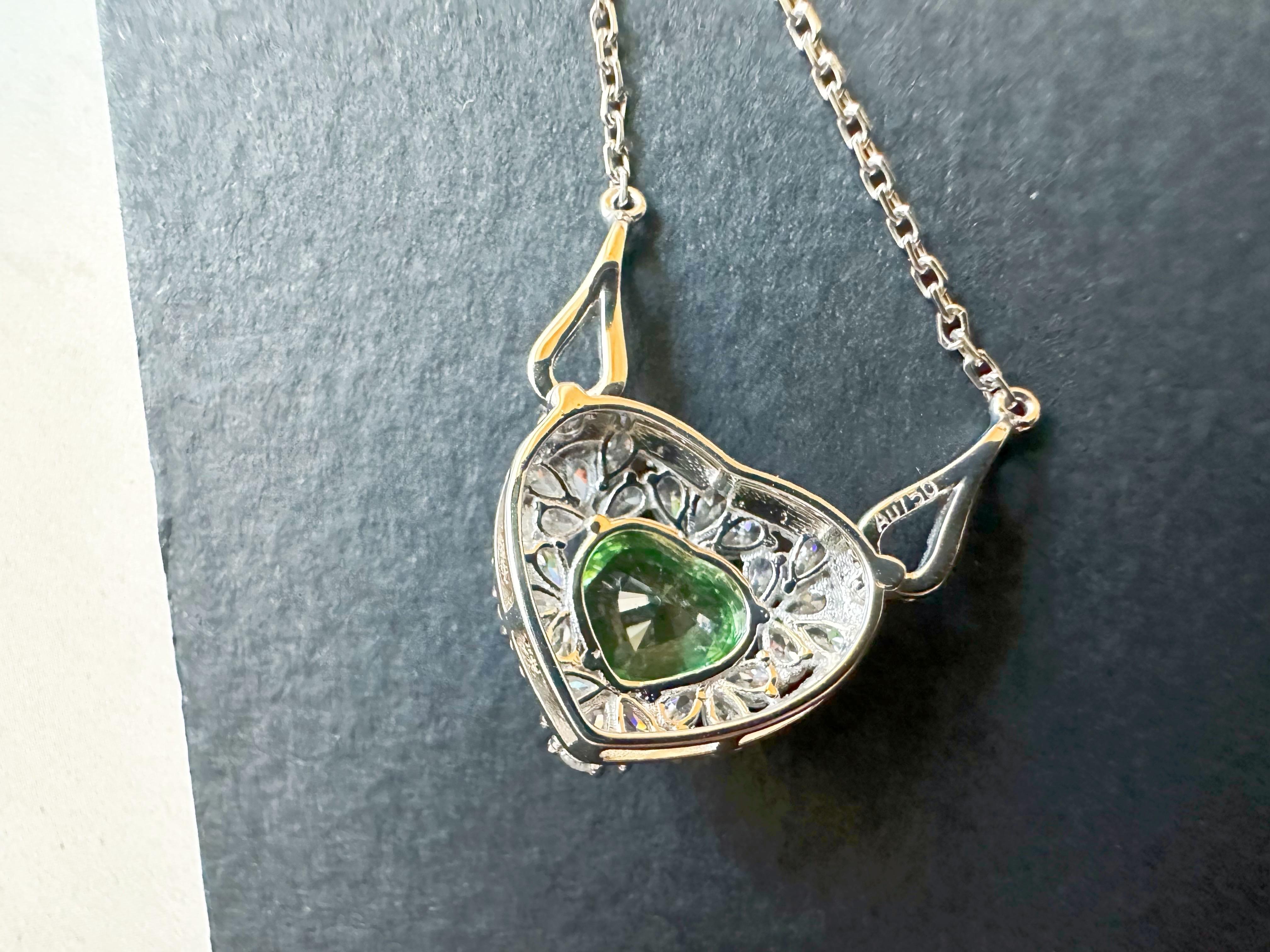 Art Deco Natural Mint Green Tsavorite Necklace set in 18K White Gold with Moissanites For Sale