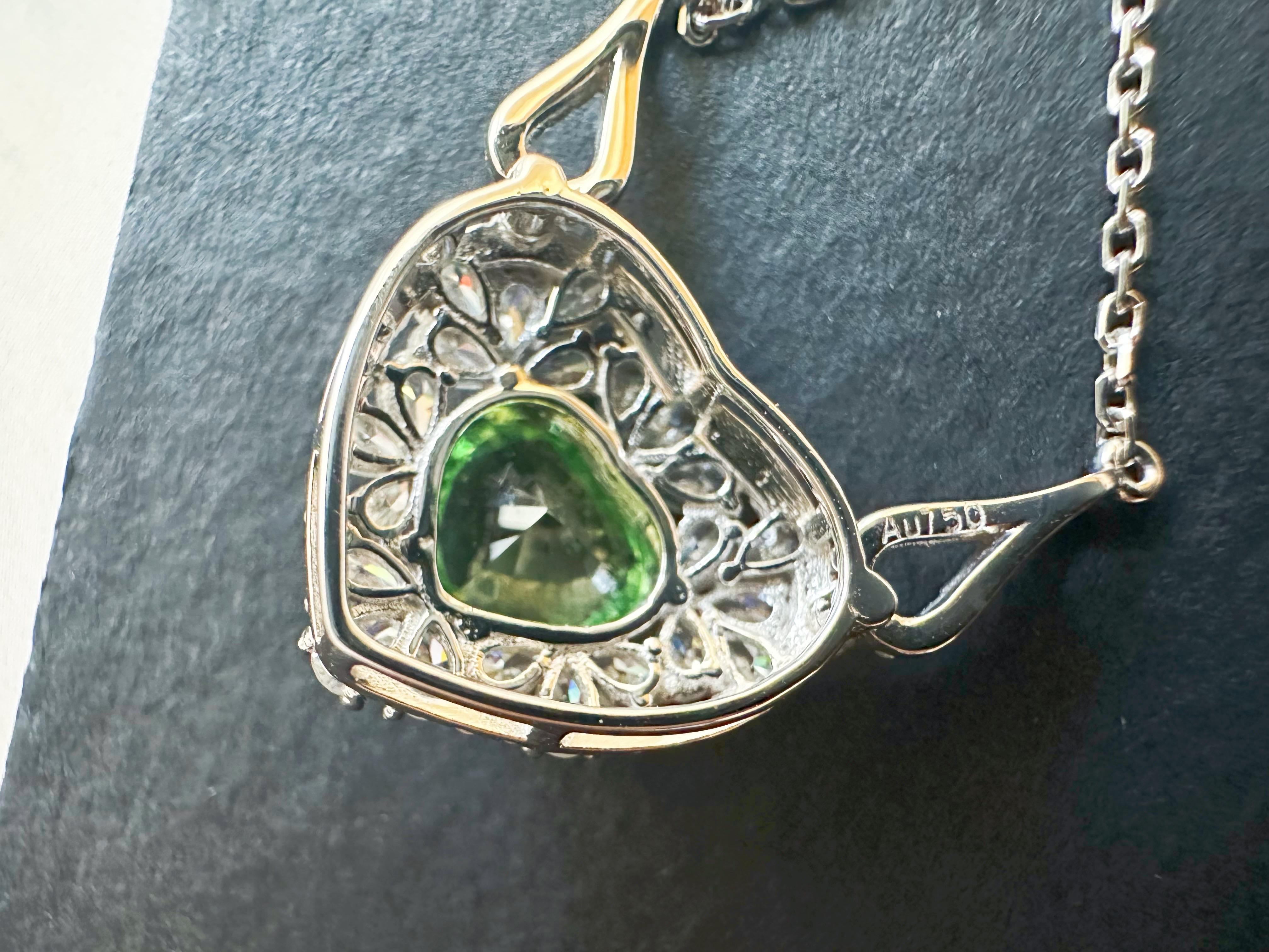 Heart Cut Natural Mint Green Tsavorite Necklace set in 18K White Gold with Moissanites For Sale