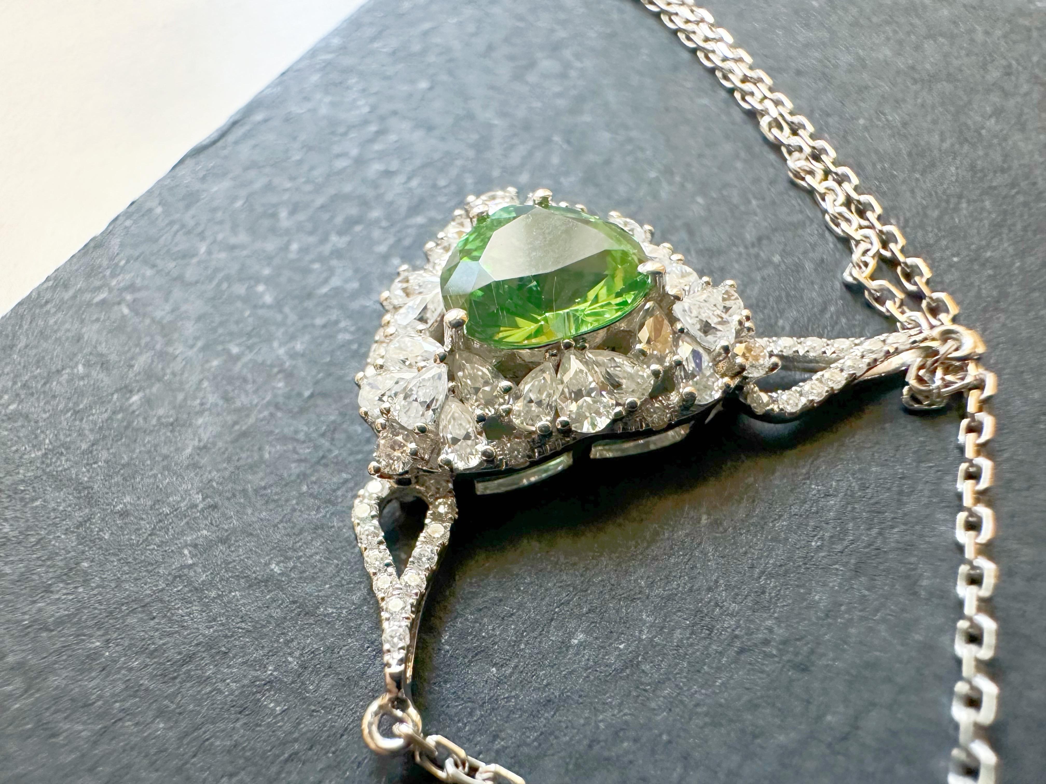 Women's or Men's Natural Mint Green Tsavorite Necklace set in 18K White Gold with Moissanites For Sale
