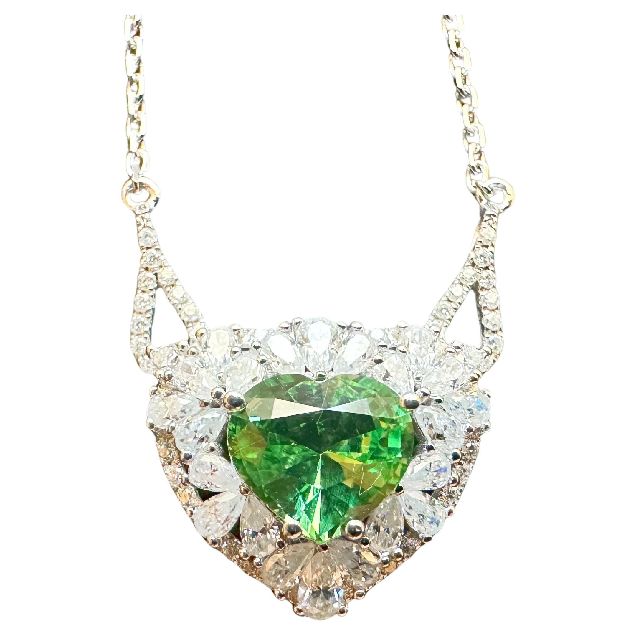 Natural Mint Green Tsavorite Necklace set in 18K White Gold with Moissanites