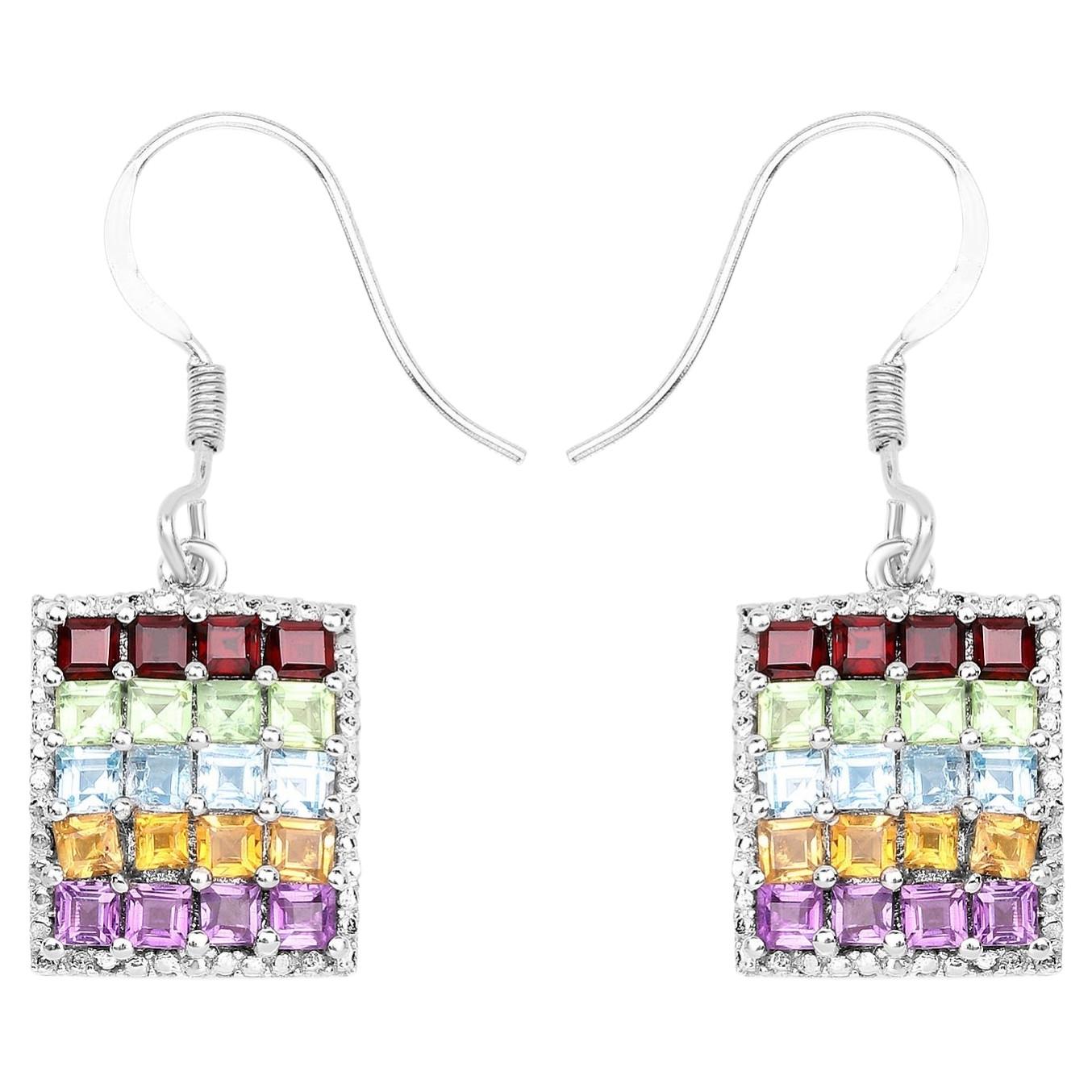 Natural Mixed Gemstones Cluster Earrings 4.22 Carats Sterling Silver