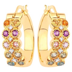 Natural Mixed Gemstones Earrings 0.8 Carats Gold Plated Silver