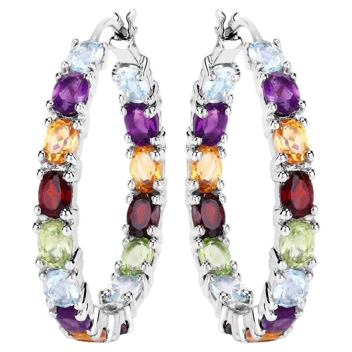 Natural Mixed Gemstones Hoop Earrings 5.34 Carats Sterling Silver