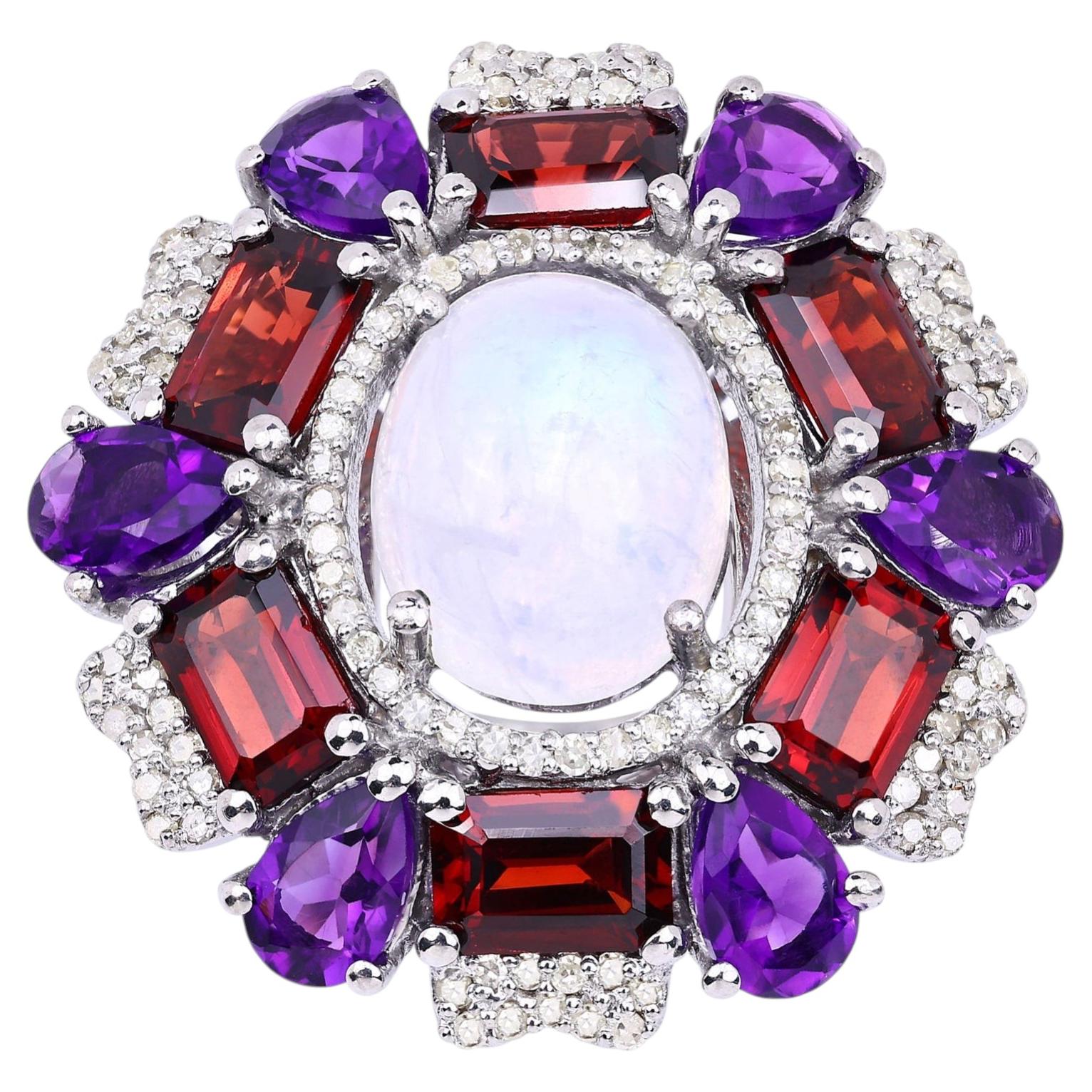 Natural Mixed Gemstones Ring 11.2 Carats Sterling Silver