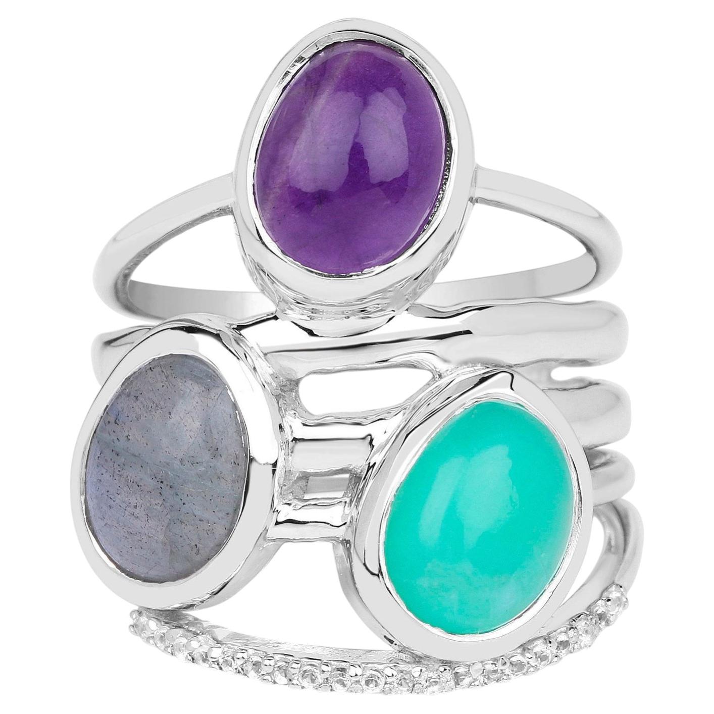 Natural Mixed Gemstones Ring 4.48 Carats Sterling Silver For Sale