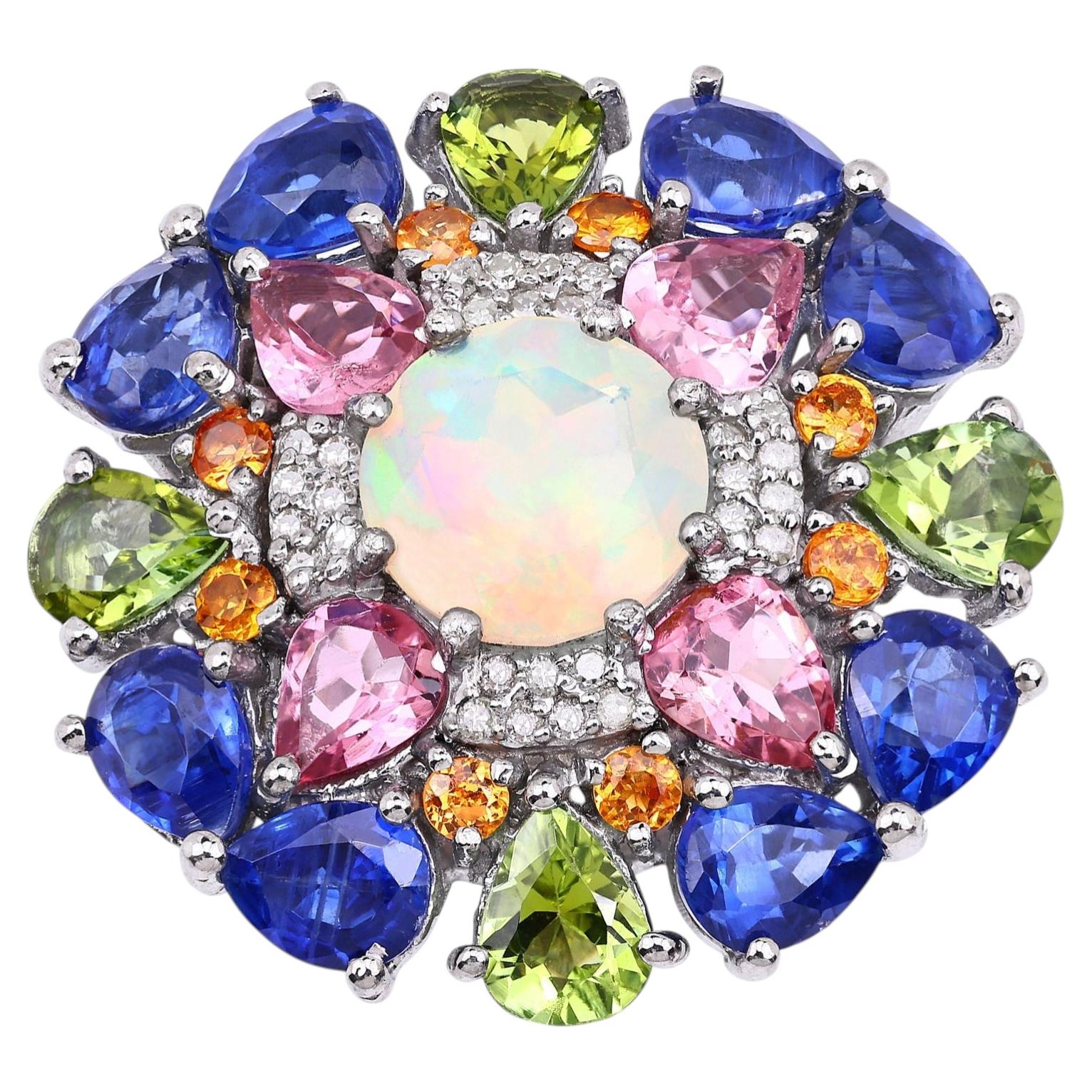 Natural Mixed Gemstones Ring 7.4 Carats Sterling Silver