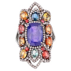 Natural Mixed Gemstones Ring With Diamonds 11.4 Carats Sterling Silver