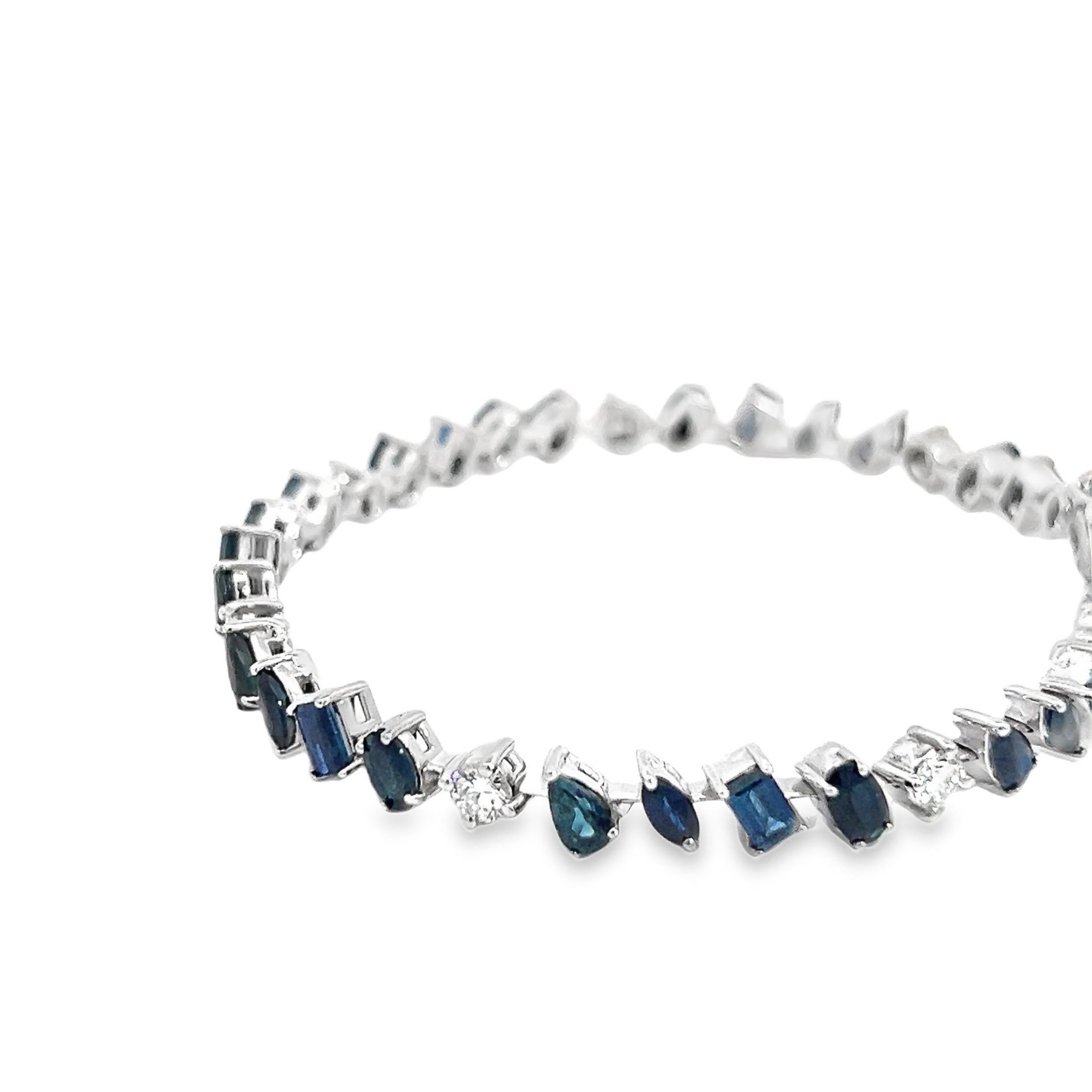 Brilliant Cut Natural Mixed Shape Diamond & Sapphire Bracelet in 14k White Gold For Sale