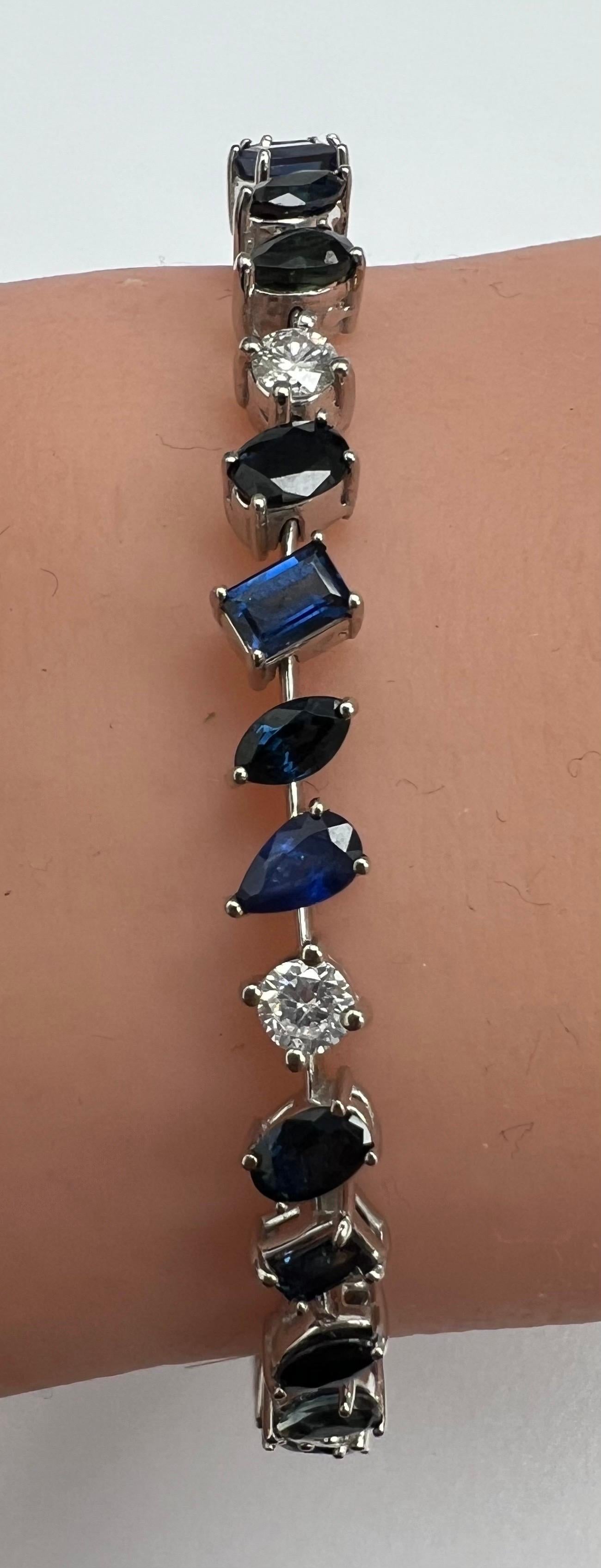 Women's or Men's Natural Mixed Shape Diamond & Sapphire Bracelet in 14k White Gold For Sale