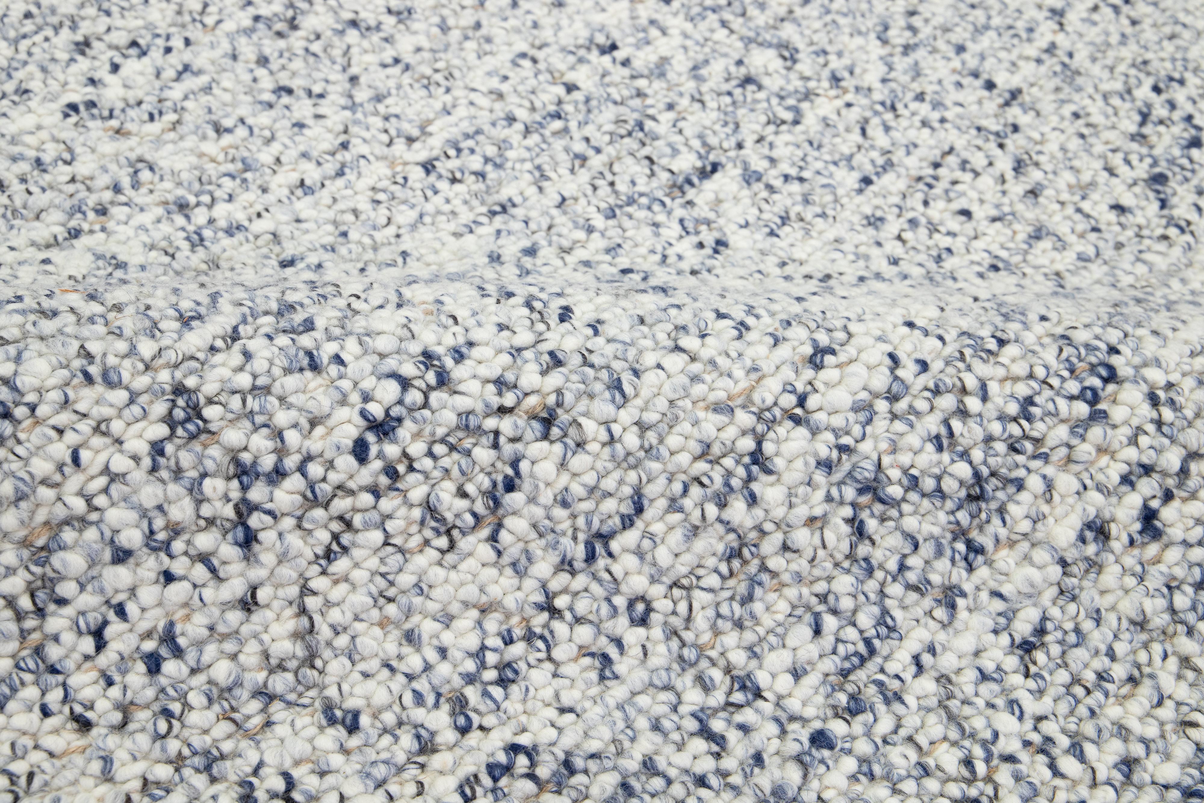 Natural Modern Felted Wool Rug Handmade In Ivory and Blue by Apadana For Sale 4