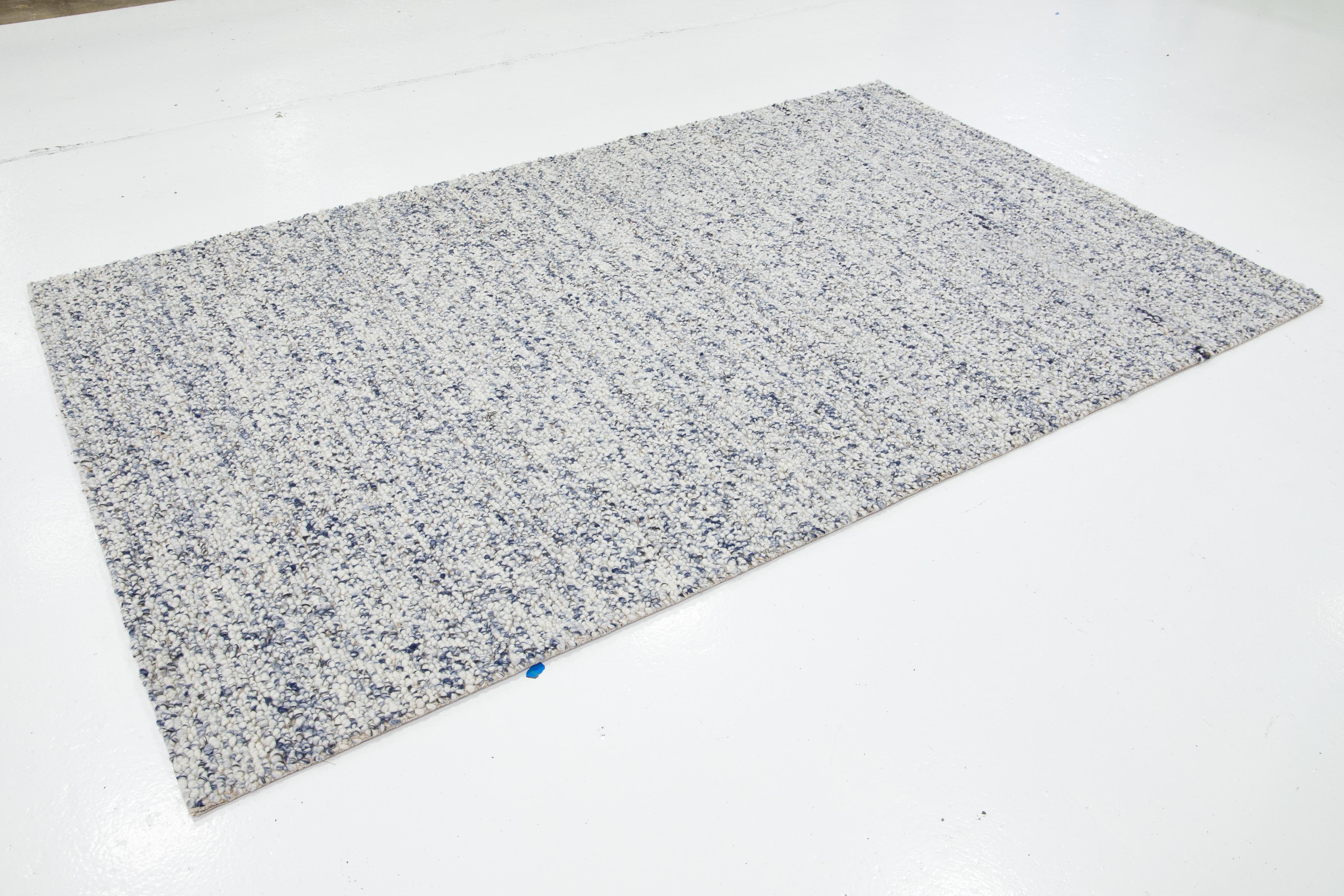 Indian Natural Modern Felted Wool Rug Handmade In Ivory and Blue by Apadana For Sale