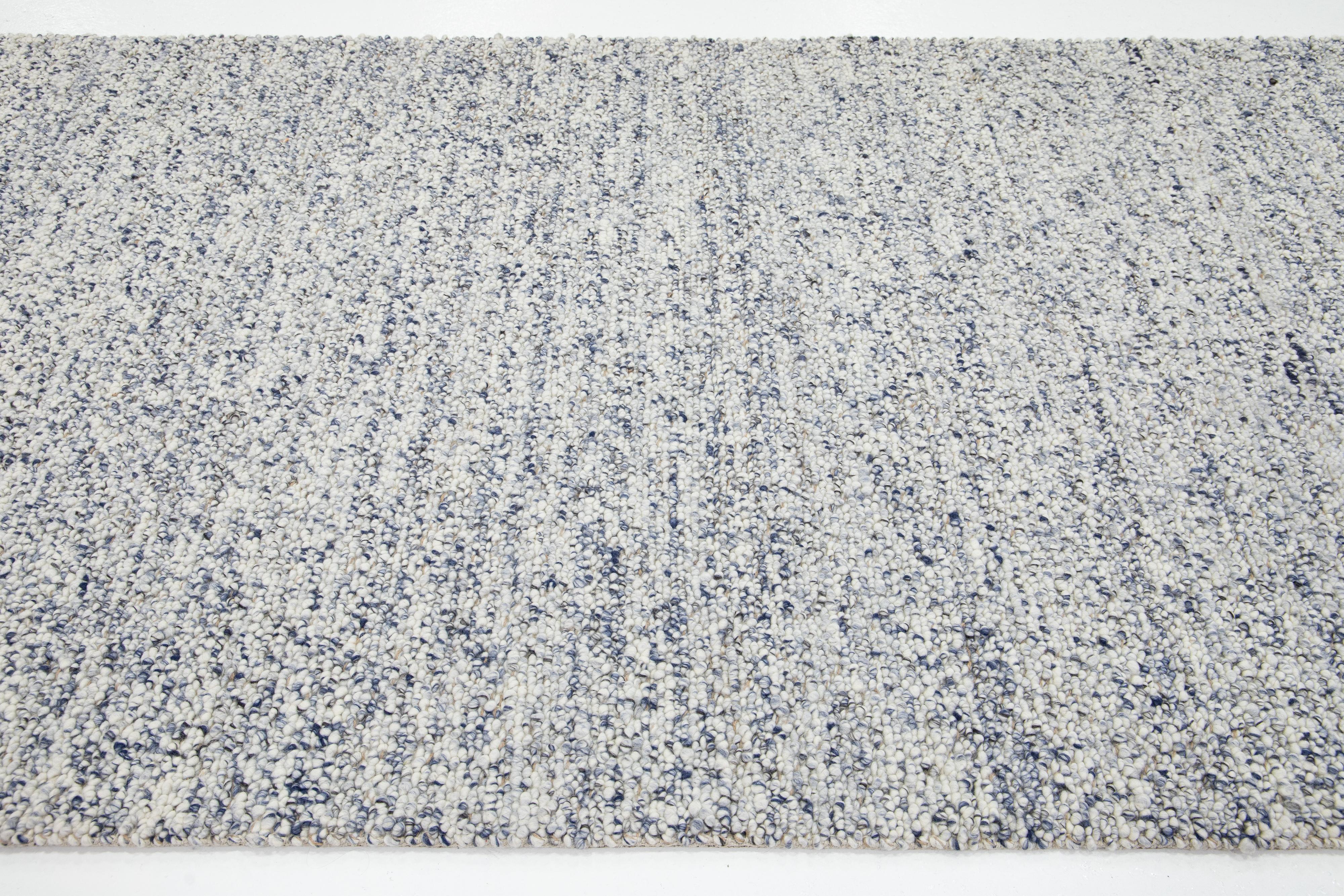 Contemporary Natural Modern Felted Wool Rug Handmade In Ivory and Blue by Apadana For Sale
