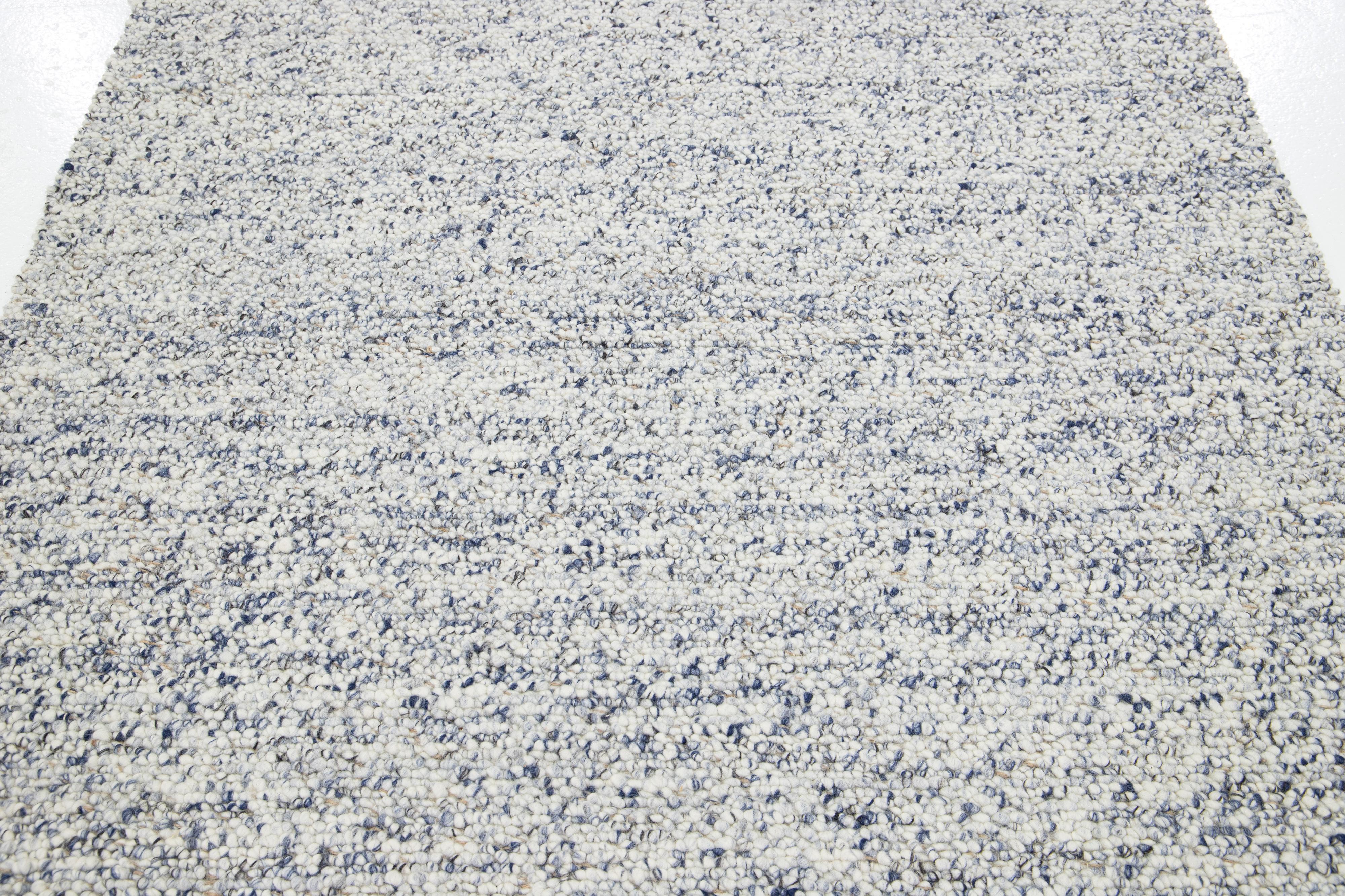 Natural Modern Felted Wool Rug Handmade In Ivory and Blue by Apadana For Sale 2