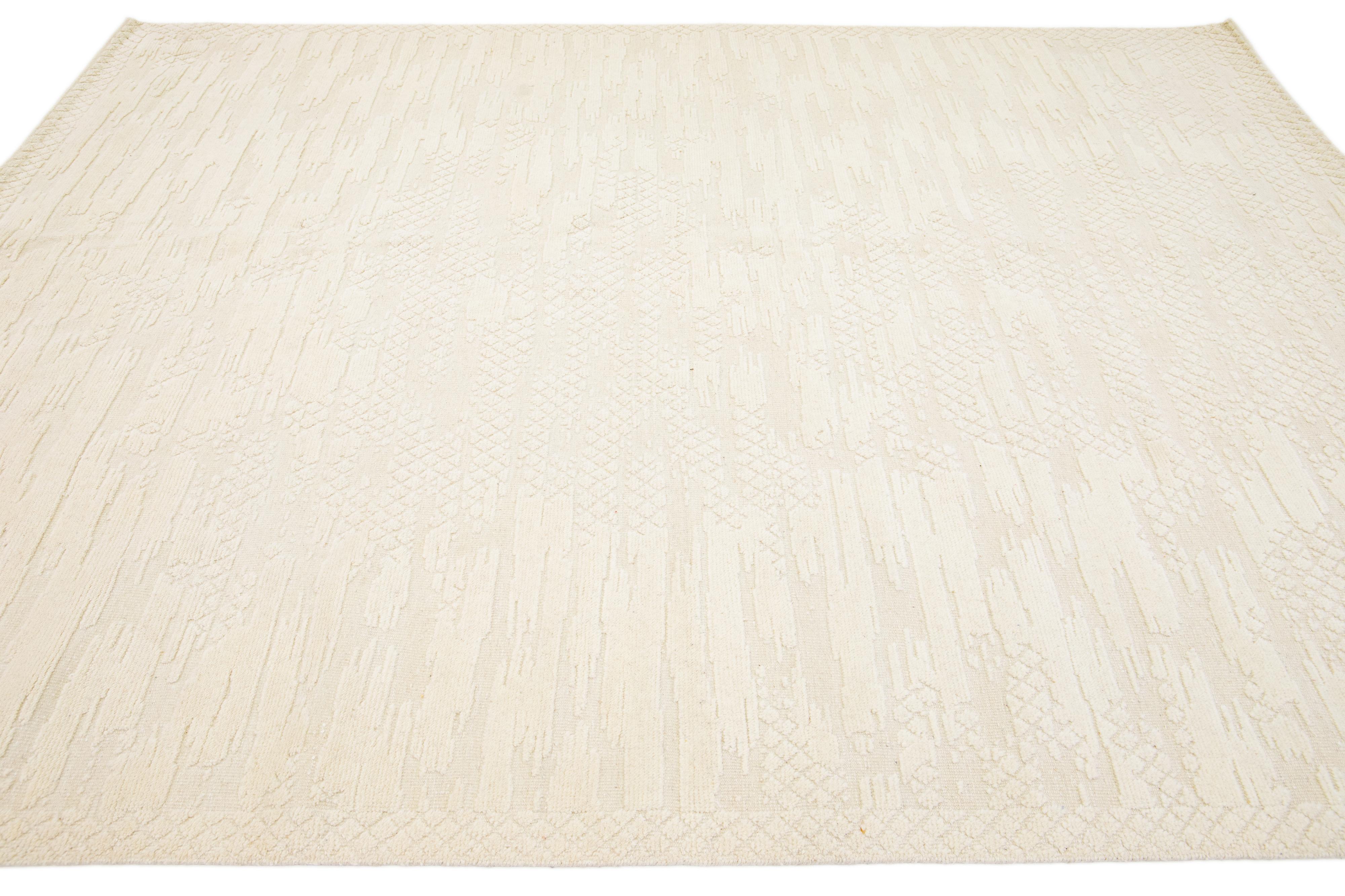 Hand-Knotted Natural Modern Moroccan Style Handmade Wool Rug in Beige by Apadana For Sale