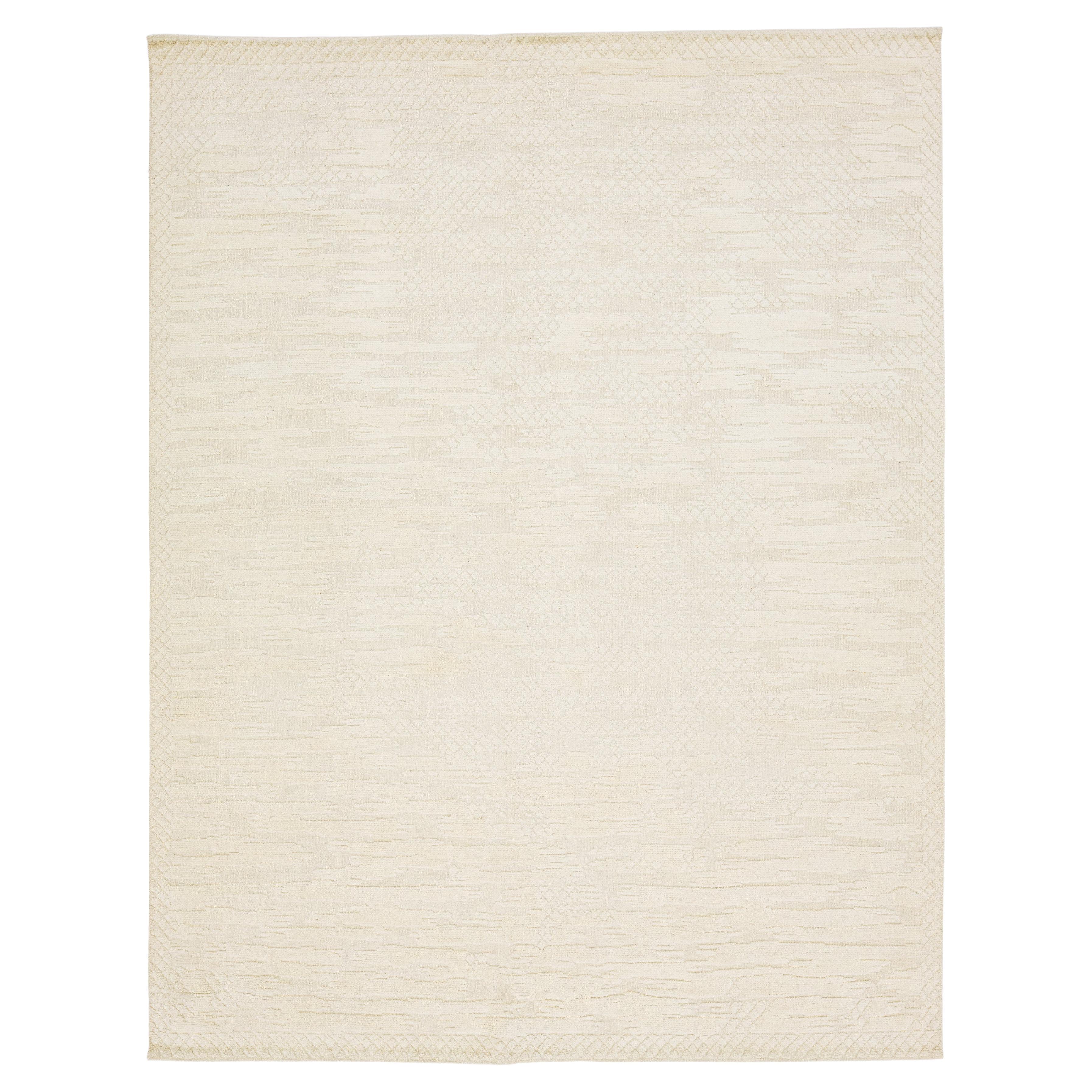 Natural Modern Moroccan Style Handmade Wool Rug in Beige by Apadana For Sale