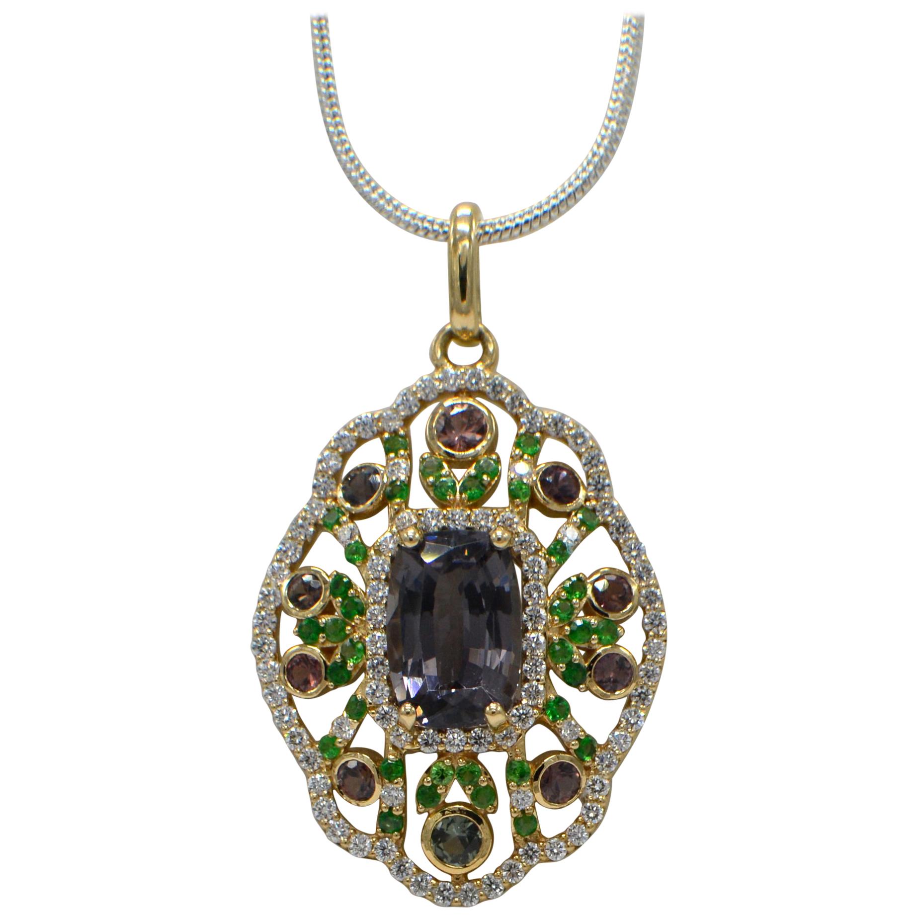 Natural Montana Sapphire & Spinal Pendent in 14 Carat Rose Gold For Sale