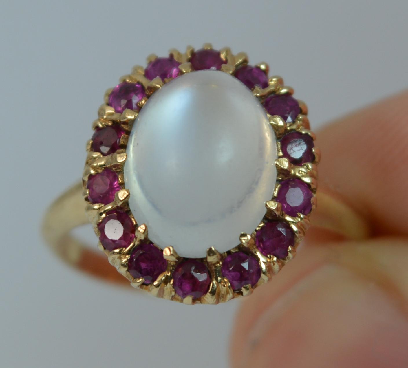 Women's or Men's Natural Moonstone and Ruby 14 Carat Gold Cluster Ring