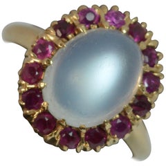 Natural Moonstone and Ruby 14 Carat Gold Cluster Ring