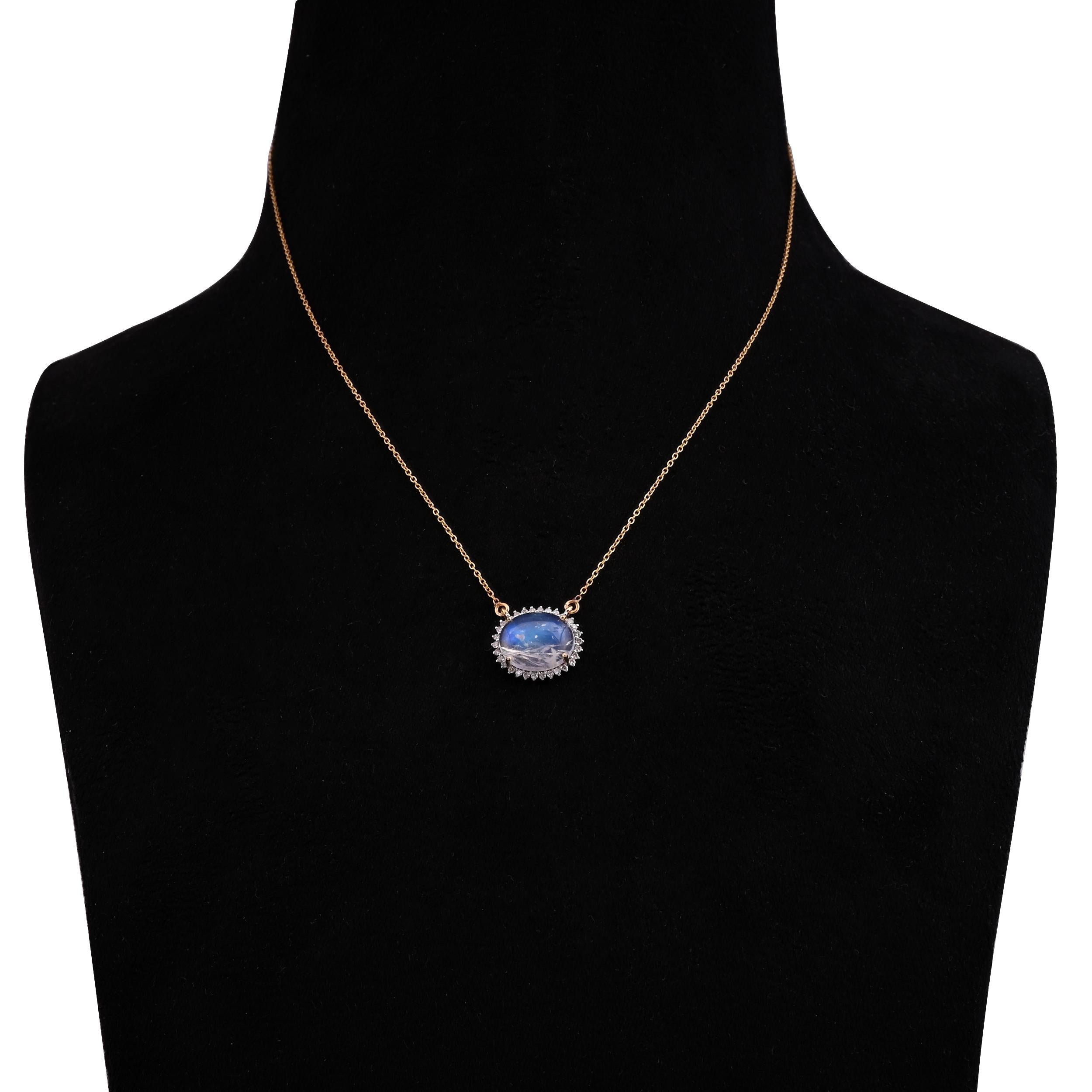 Natürlicher Mondstein Kette Halskette mit Diamant 0,18 Karat in 14 Karat Gold mit Diamanten (Gemischter Schliff)