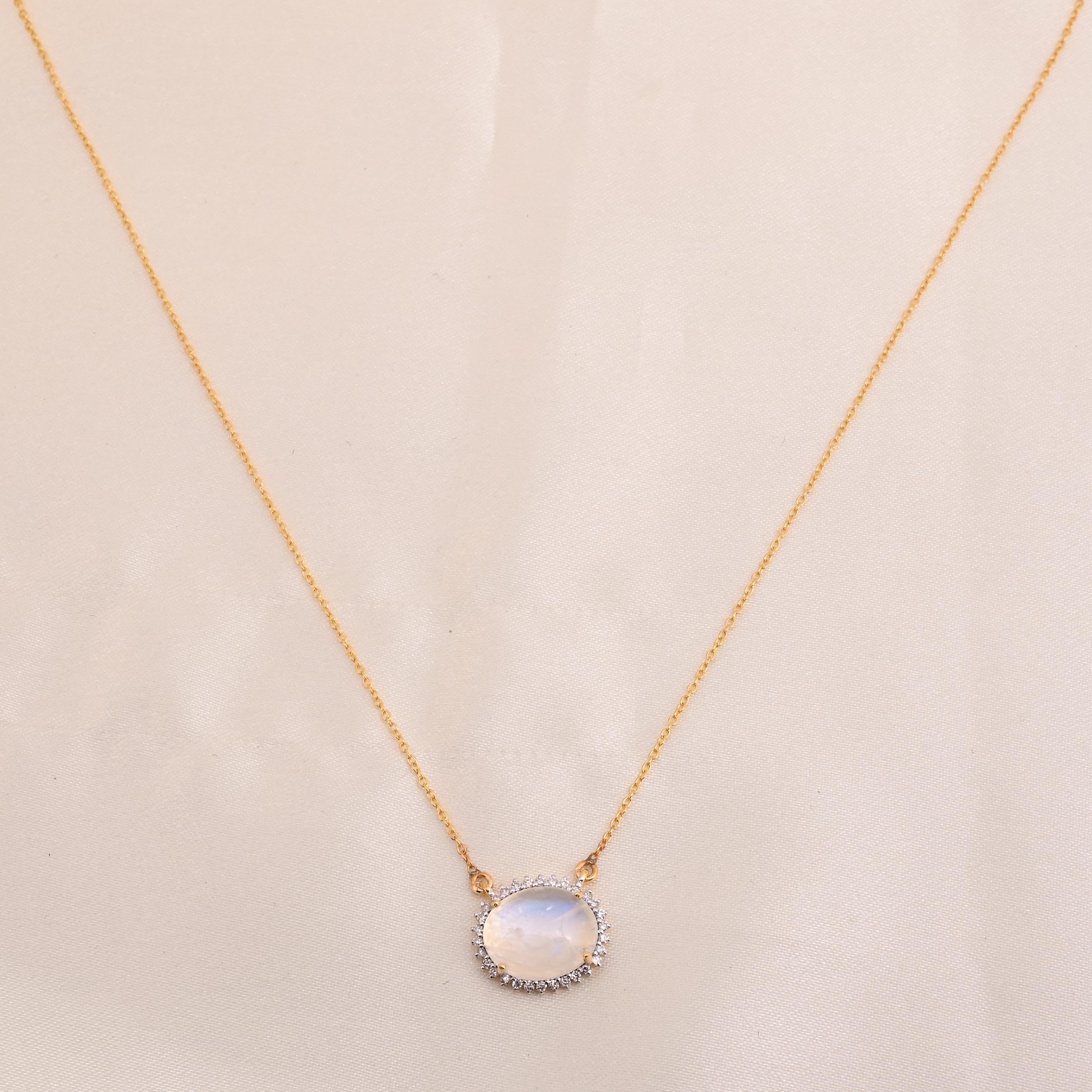 Natürlicher Mondstein Kette Halskette mit Diamant 0,18 Karat in 14 Karat Gold mit Diamanten im Zustand „Neu“ in jaipur, IN