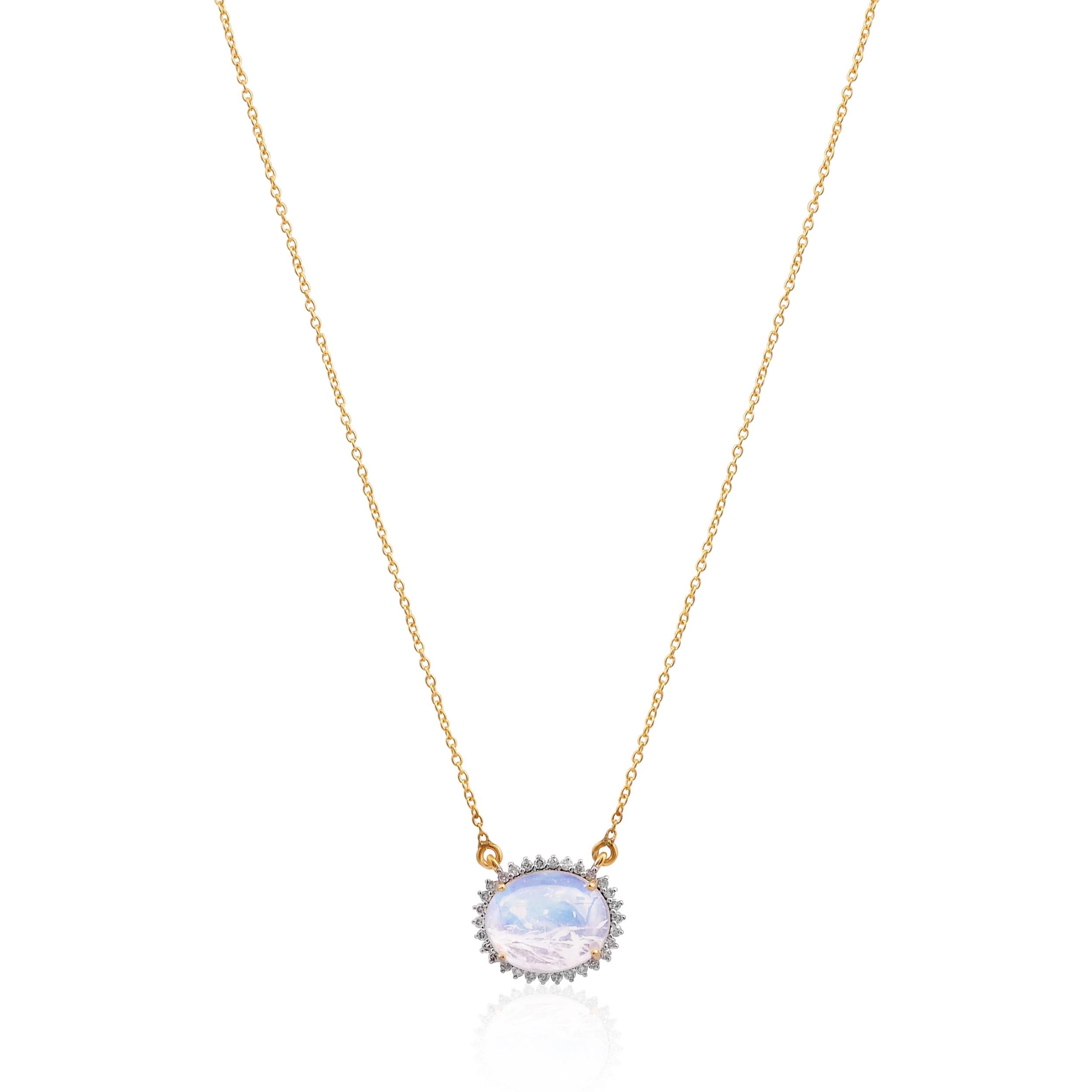 Natürlicher Mondstein Kette Halskette mit Diamant 0,18 Karat in 14 Karat Gold mit Diamanten Damen