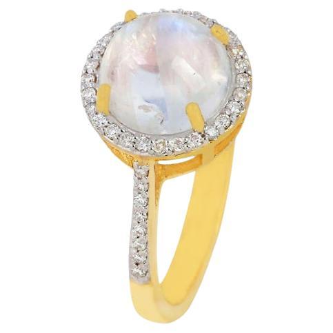 Anello con pietra di luna naturale e diamanti in oro 18 carati