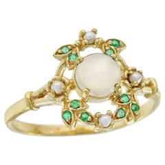 Bague de style vintage en or jaune 9K, pierre de lune naturelle, émeraude et diamant
