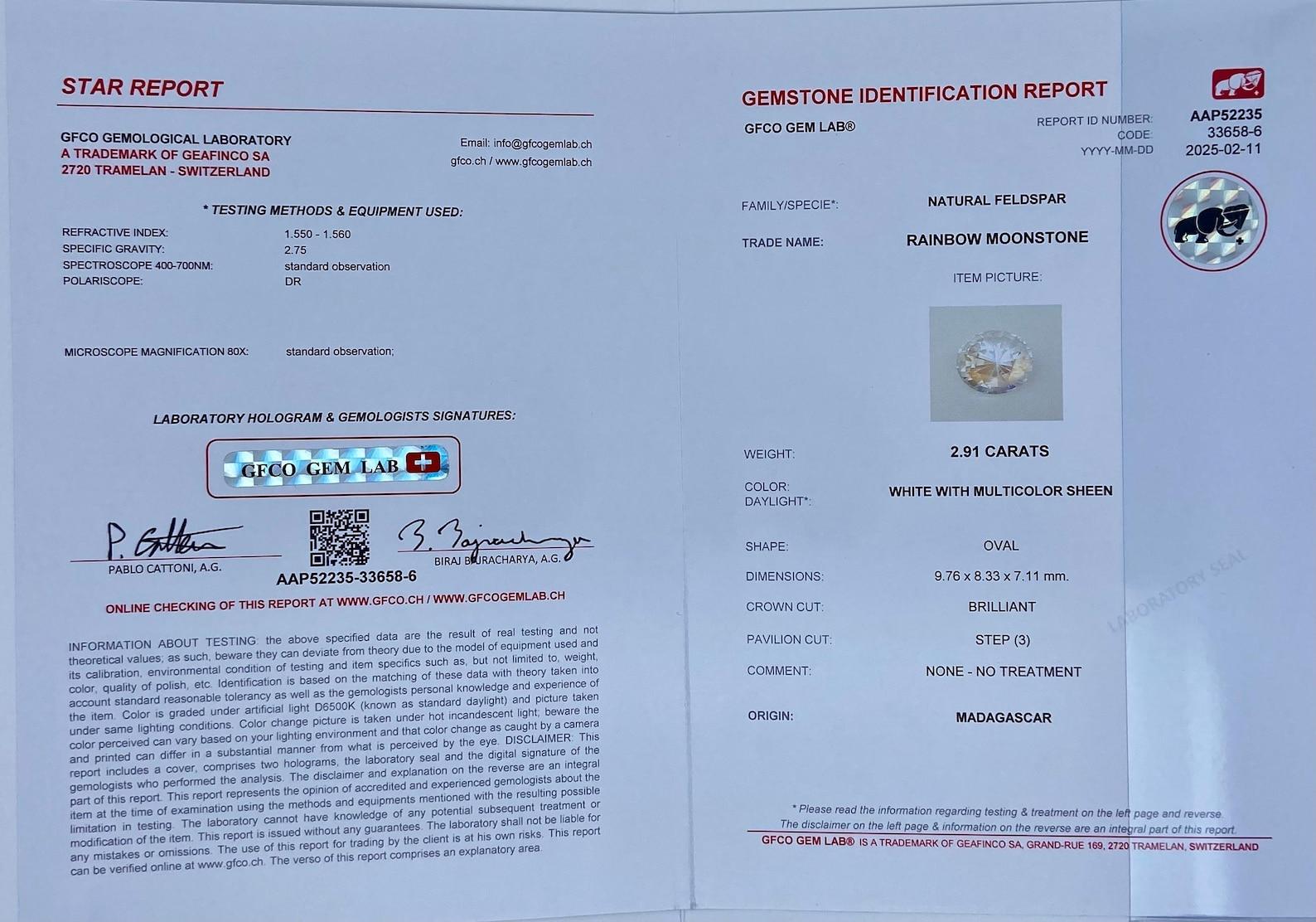 Natural Moonstone Loose gemstone 2.91 ct., Oval cut, Certificate! Madagascar! For Sale 1