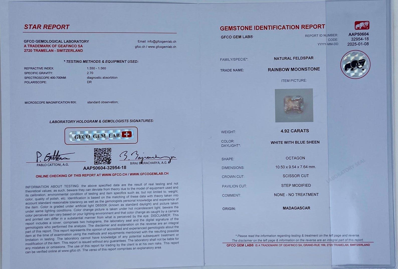 Pierre de lune naturelle non sertie 4.92 carats, taille octogonale, certificat ! Madagascar ! en vente 2