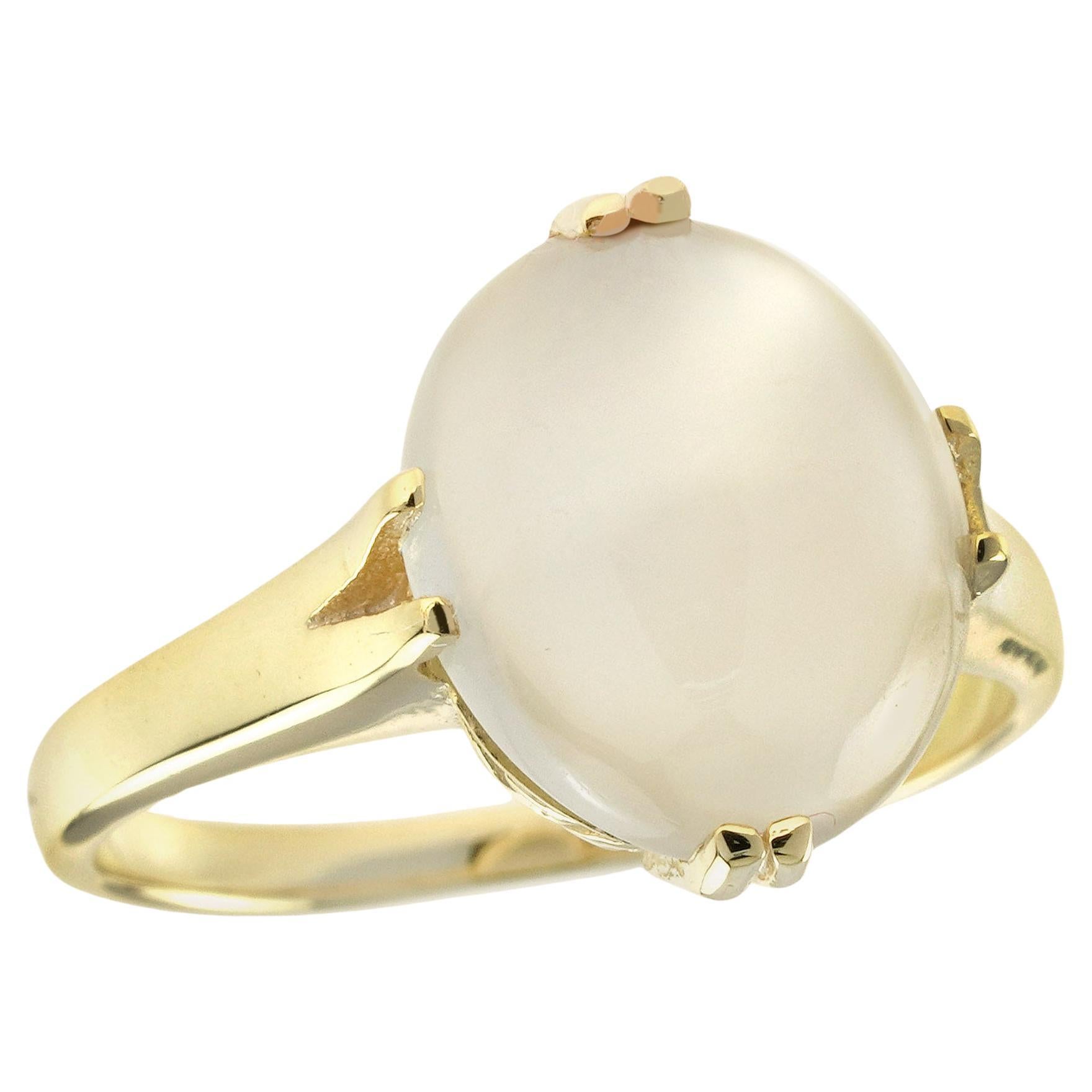 Natural Moonstone Split Shank Solitaire Ring in Solid 9K Yellow Gold